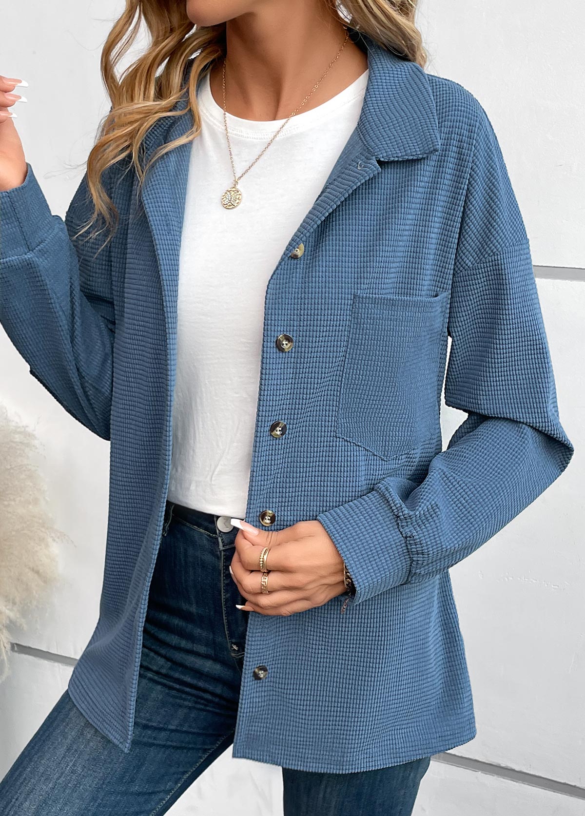 Blue Pocket Long Sleeve Shirt Collar Coat USD 35.98