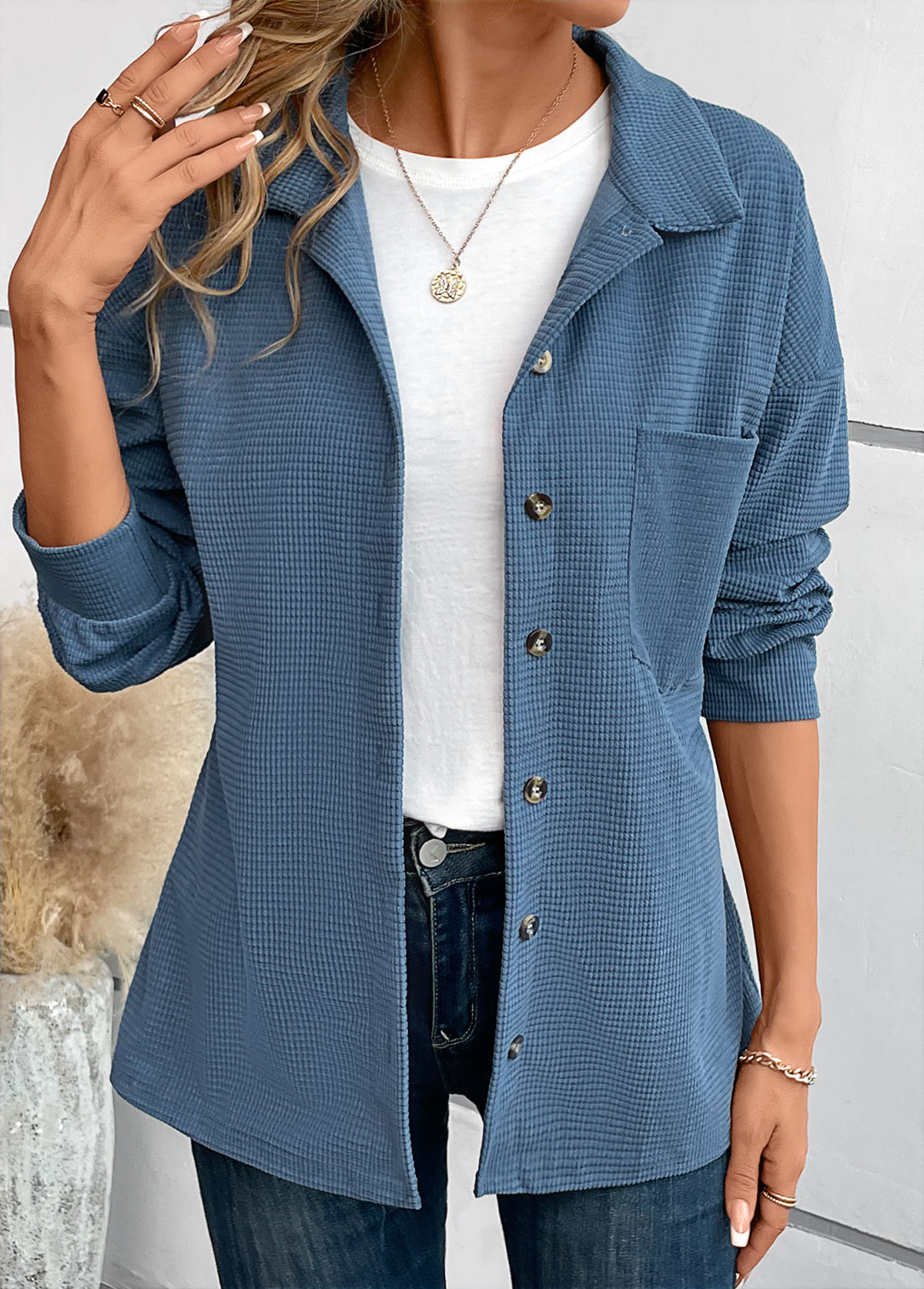 Blue Pocket Long Sleeve Shirt Collar Coat