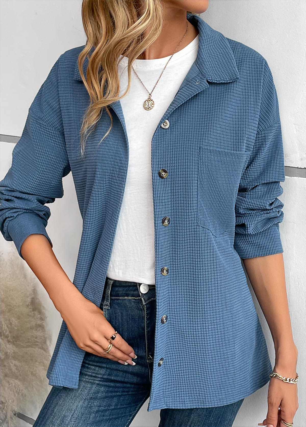 Blue Pocket Long Sleeve Shirt Collar Coat