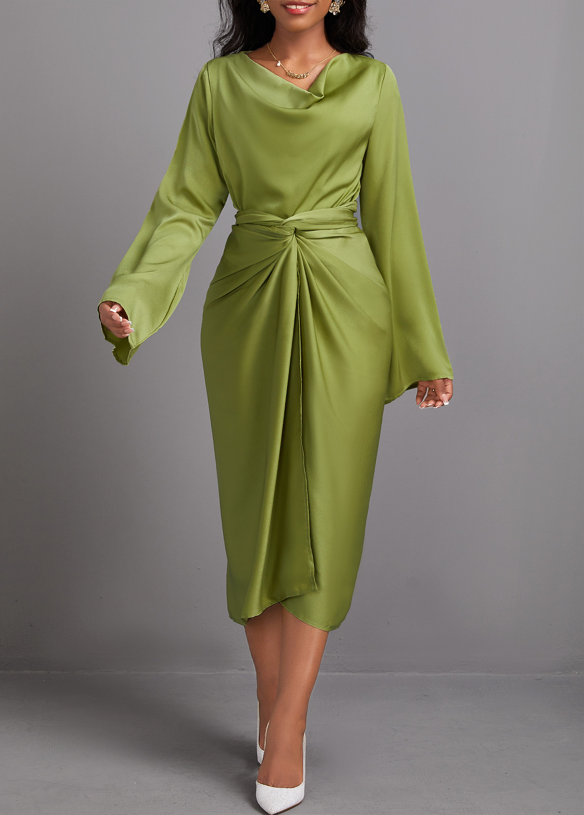 Avocado Green Two Piece Long Sleeve Top and Bodycon Skirt