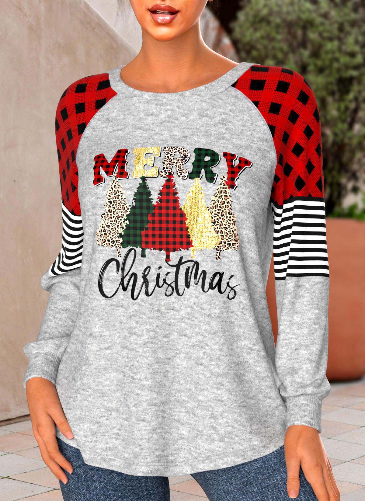 Red Patchwork Christmas Print Long Sleeve T Shirt