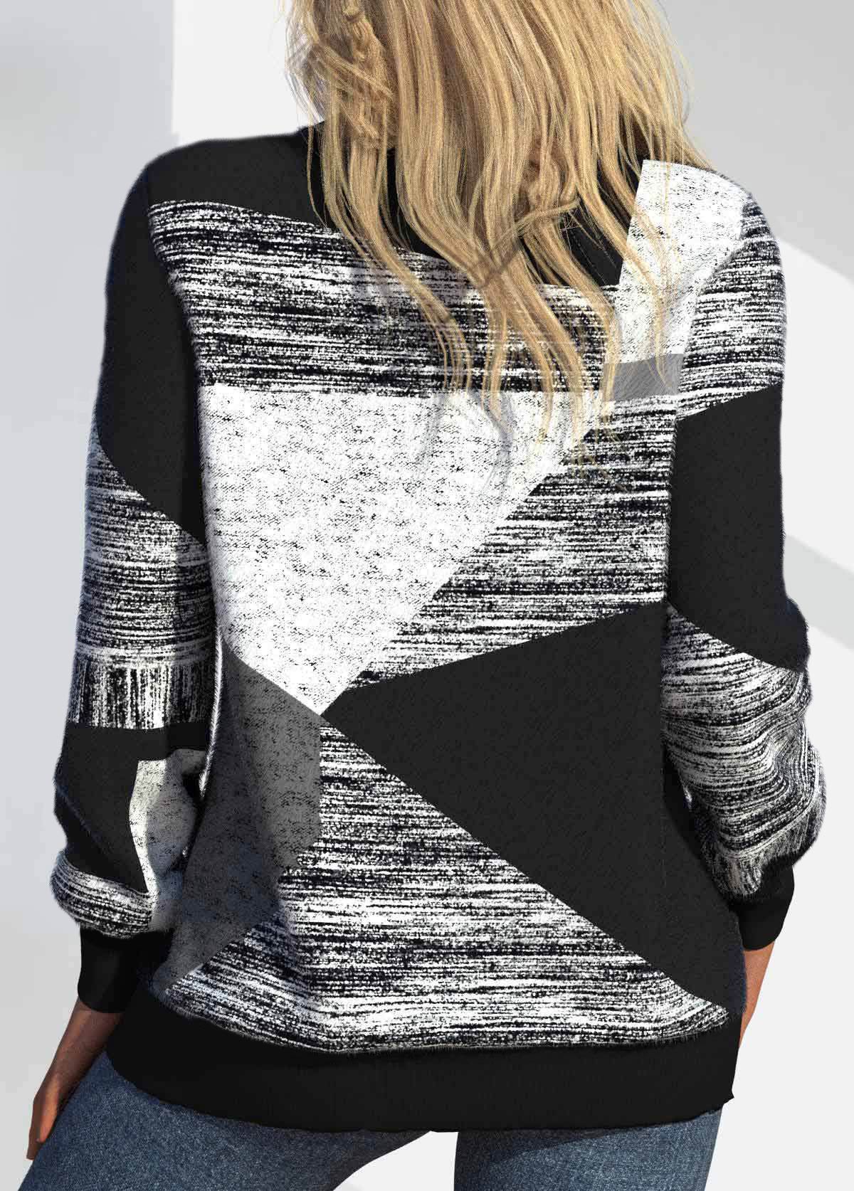 Black Patchwork Geometric Print Long Sleeve Round Neck Sweatshirt