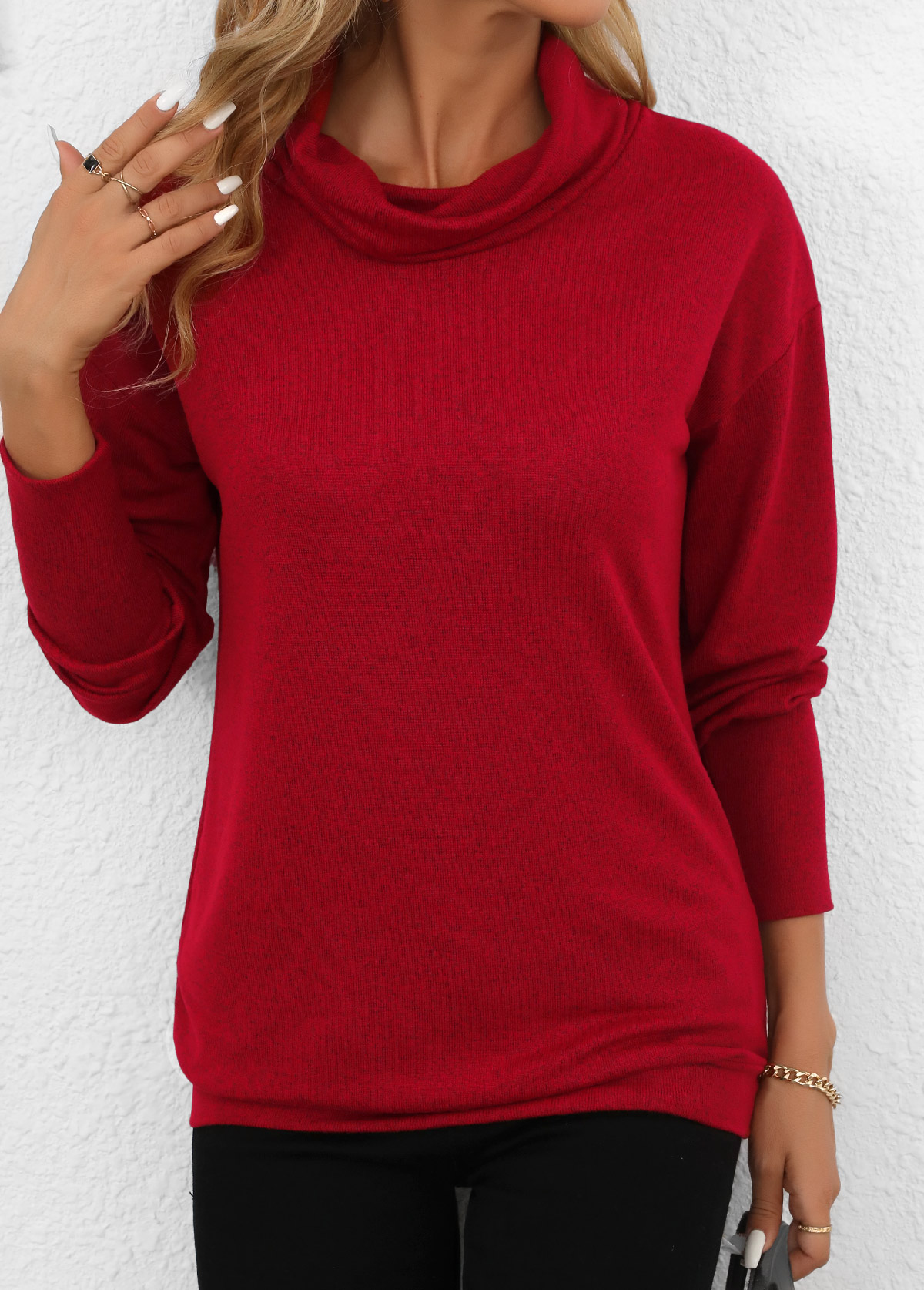 Wine Red Long Sleeve Cowl Neck Sweatshirt
