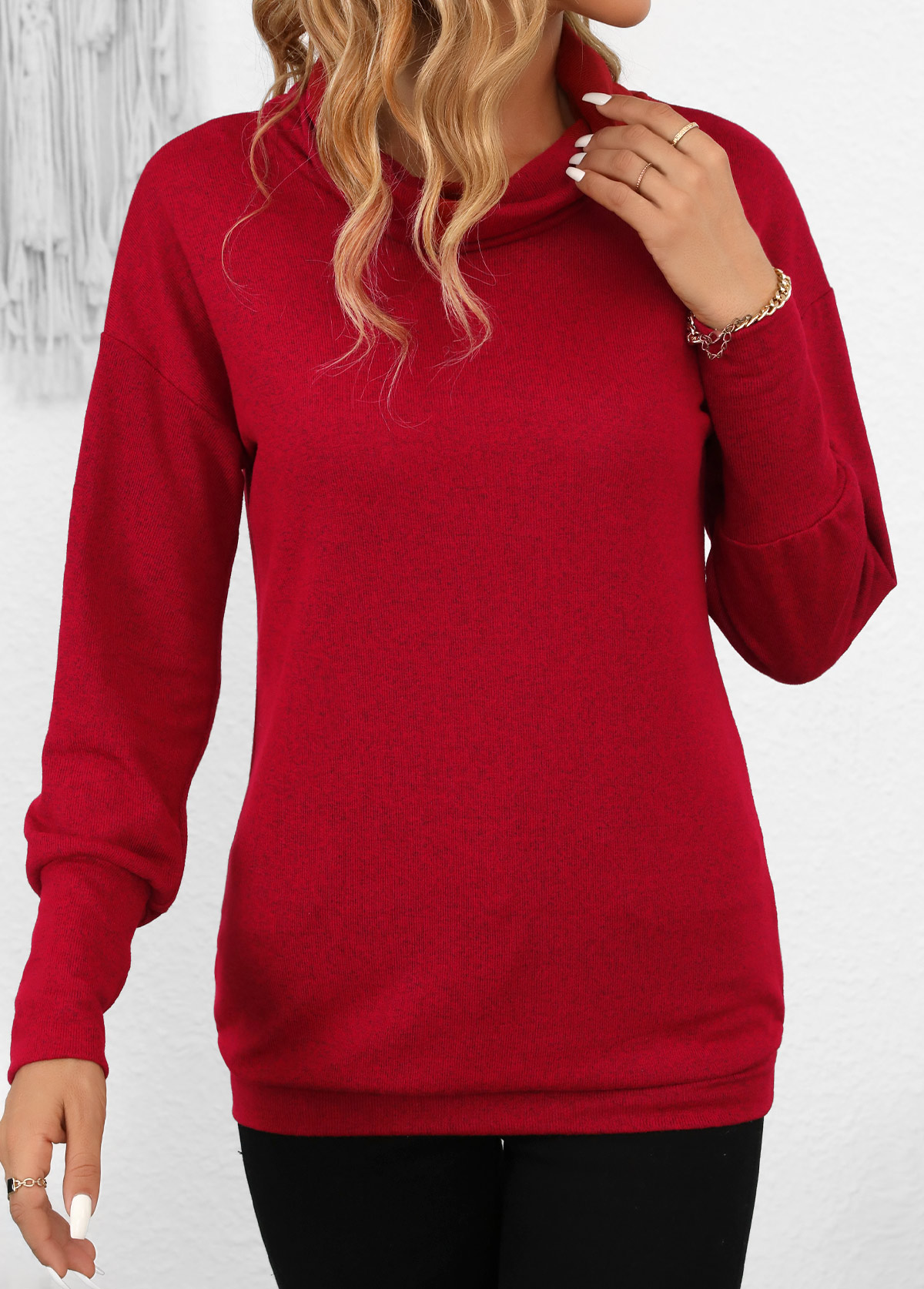 Wine Red Long Sleeve Cowl Neck Sweatshirt