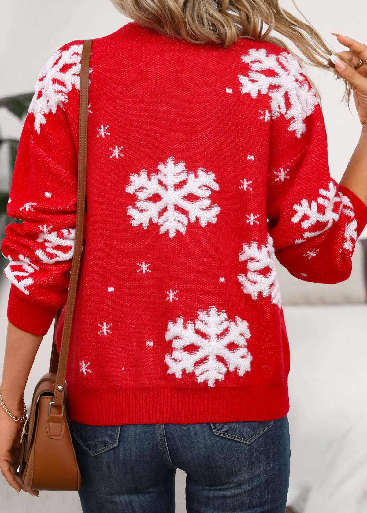 Red Snowflake Print Long Sleeve Stand Collar Christmas Sweater