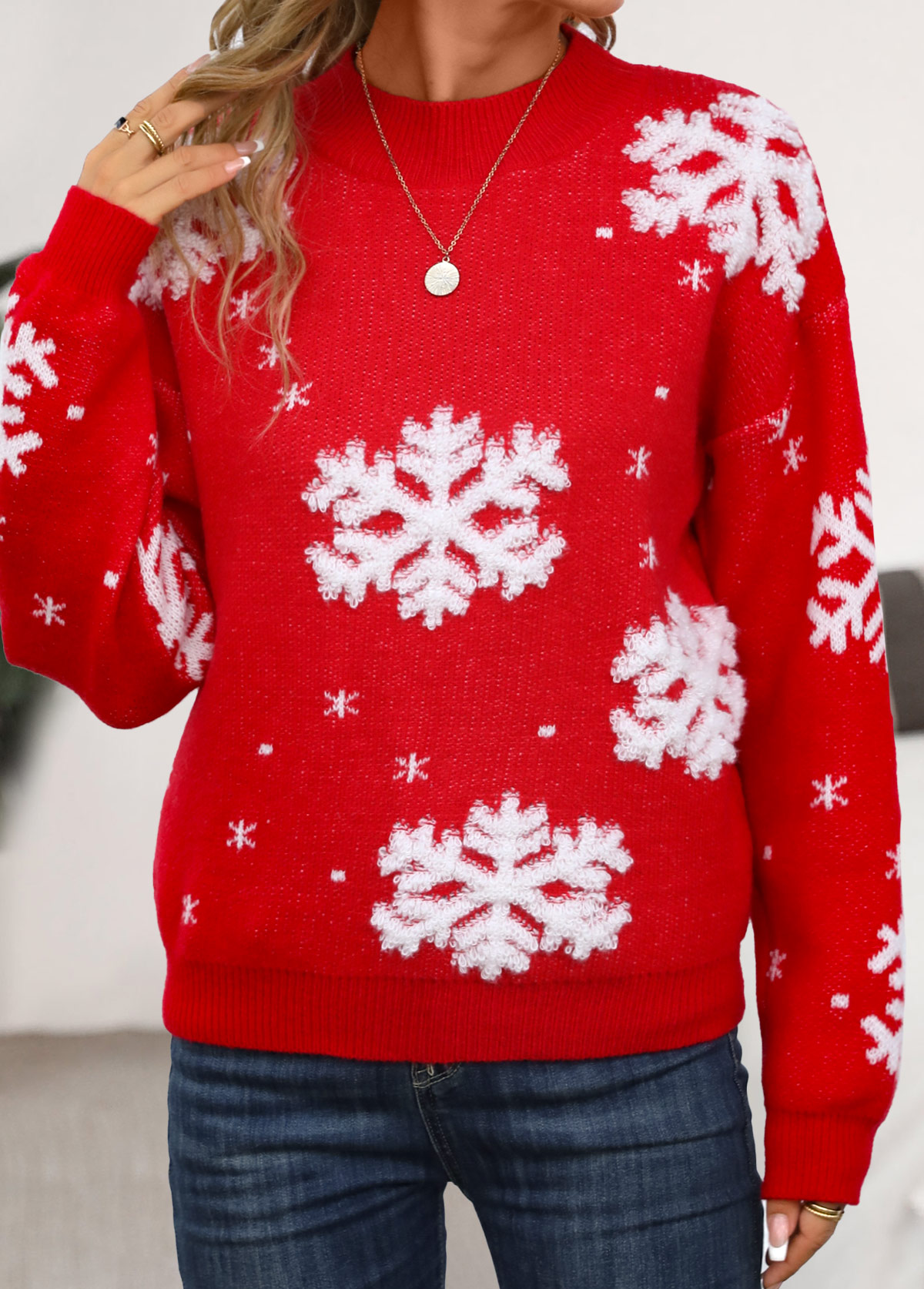 Red Snowflake Print Long Sleeve Stand Collar Christmas Sweater
