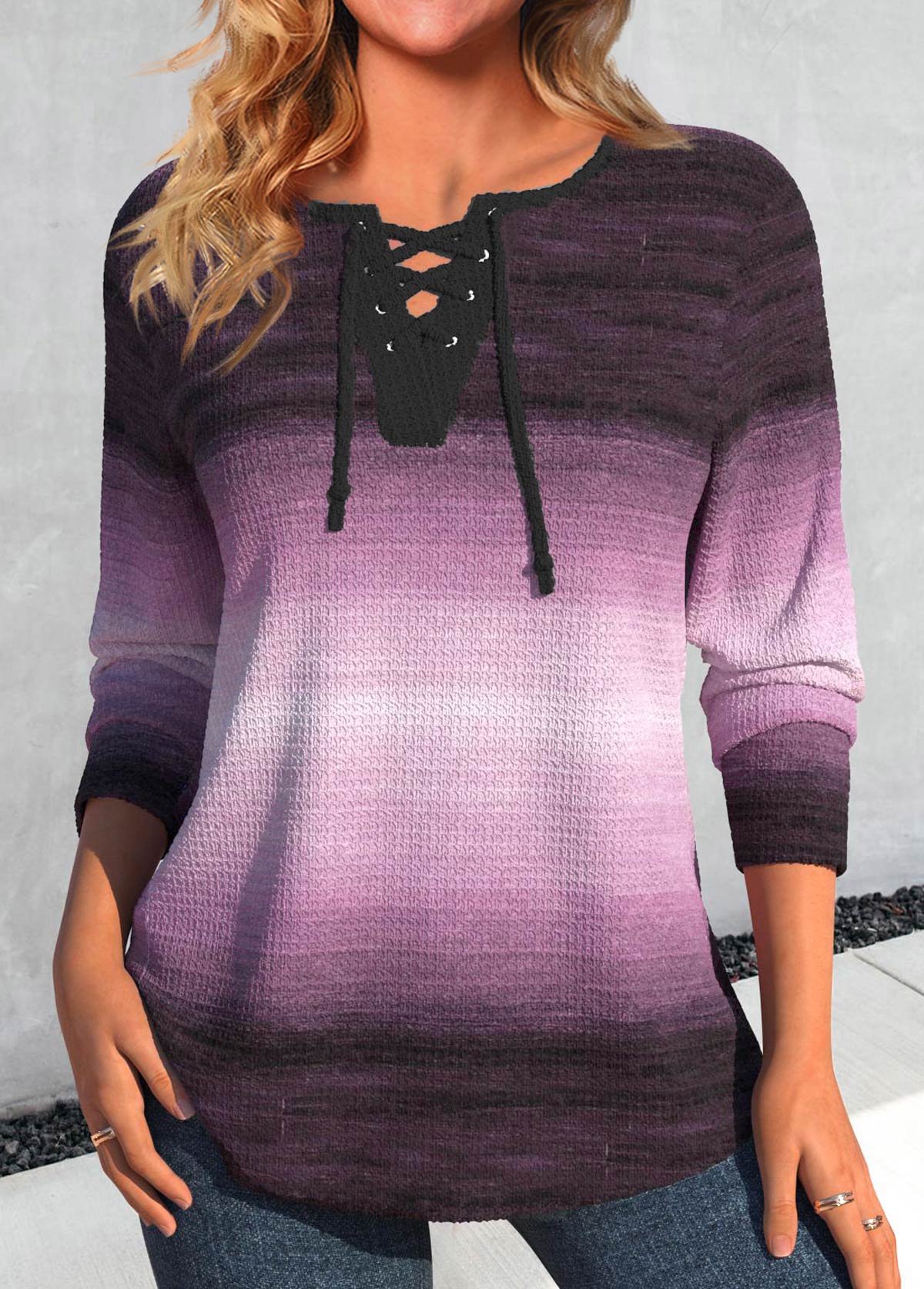 Purple Lace Up Ombre Long Sleeve T Shirt | picture 