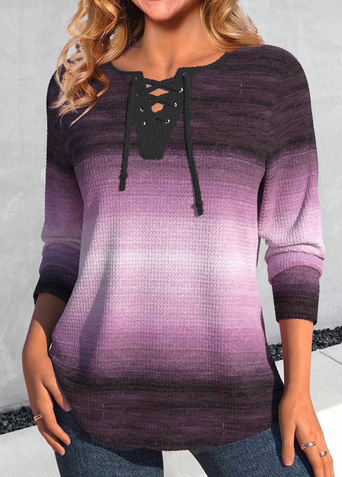 Purple Lace Up Ombre Long Sleeve T Shirt | picture 