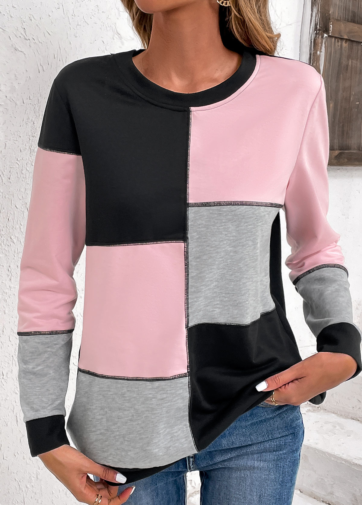 Plus Size Light Pink Patchwork Long Sleeve Sweatshirt