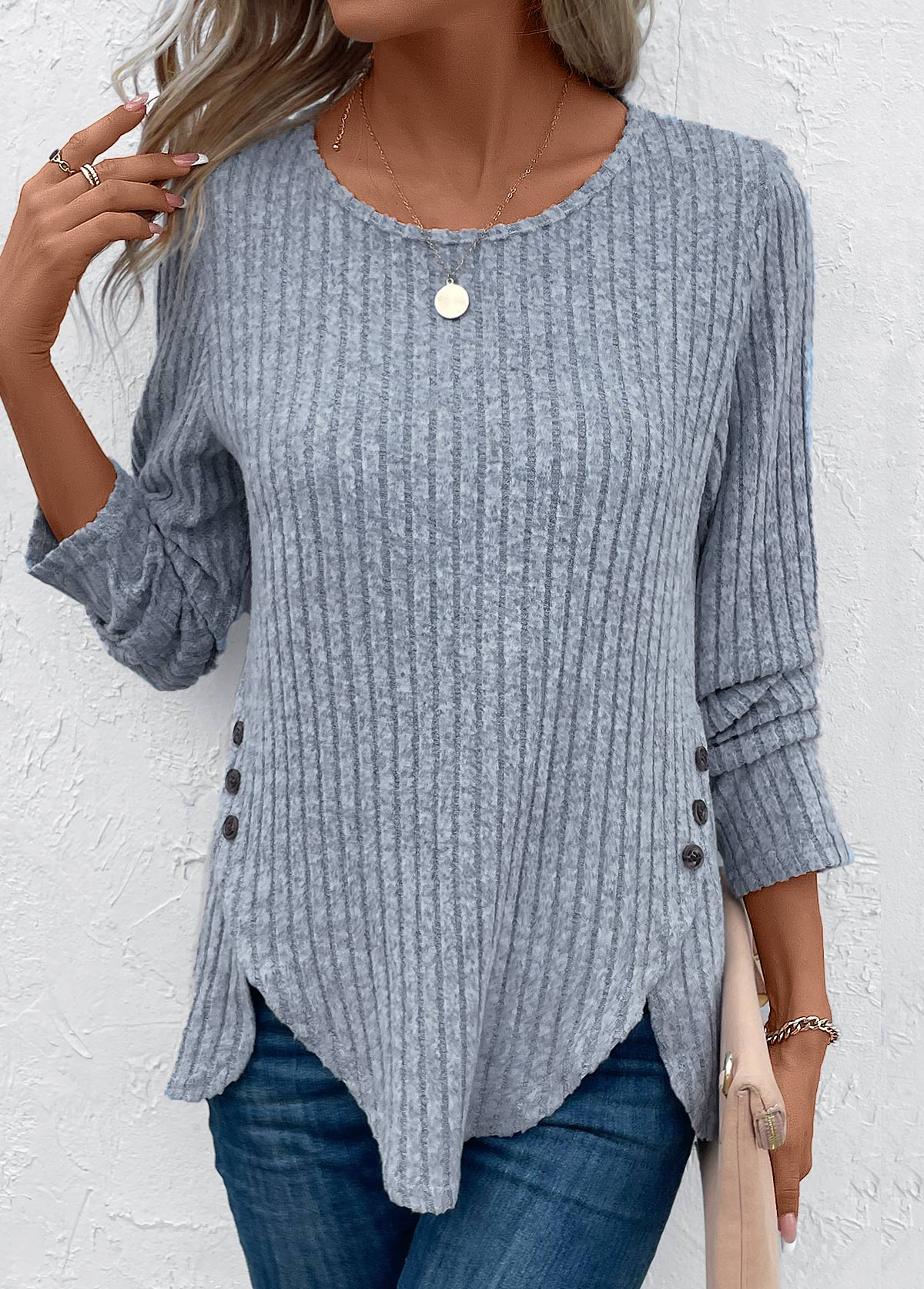 Dusty Blue Split Long Sleeve Round Neck T Shirt | picture 