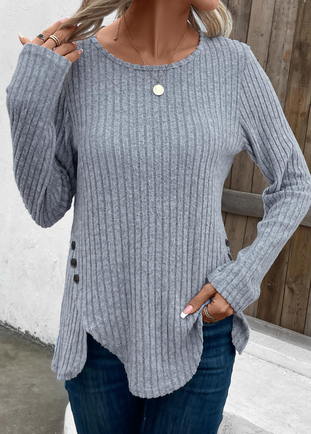 Dusty Blue Split Long Sleeve Round Neck T Shirt | picture 
