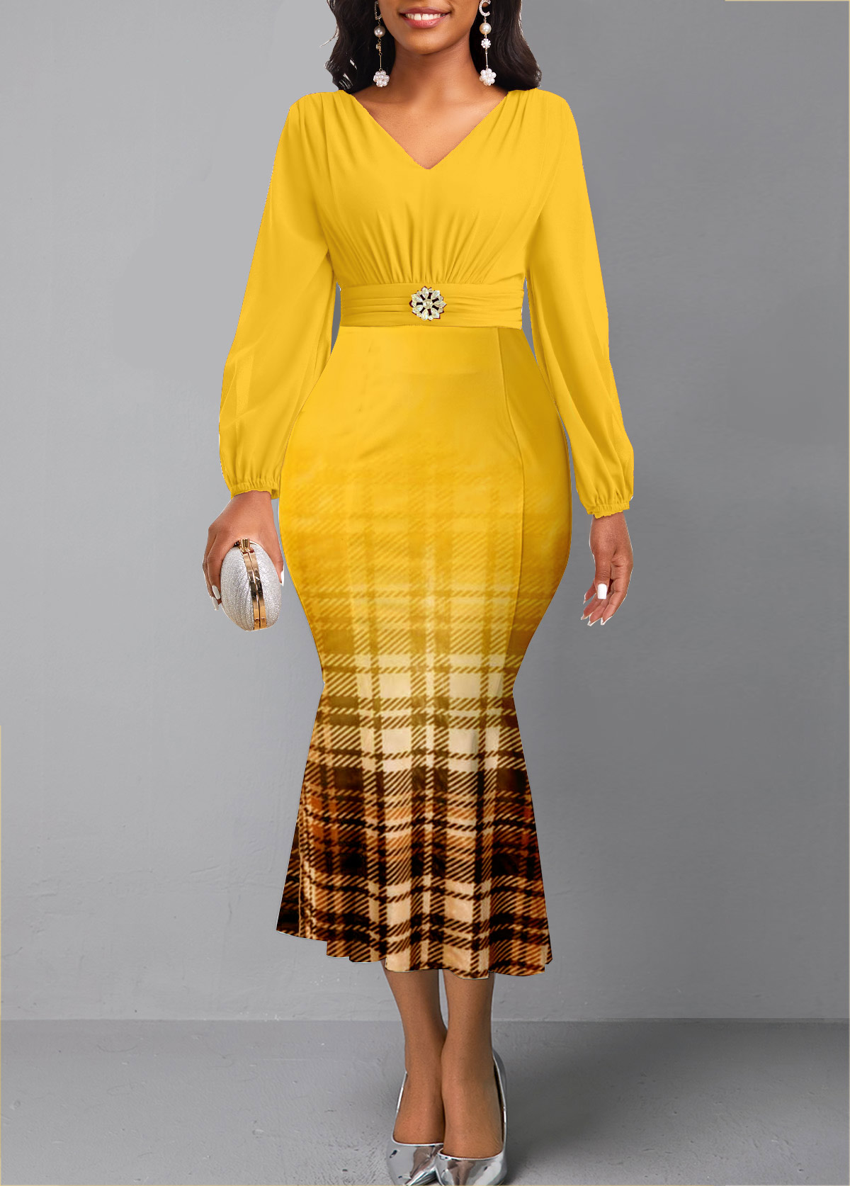 Yellow Plaid Long Sleeve V Neck Mermaid Dress