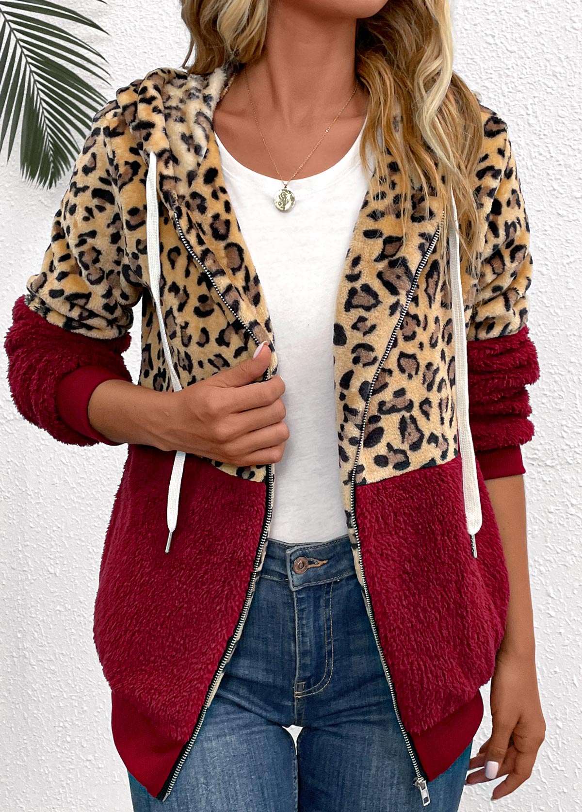 Wine Red Patchwork Leopard Long Sleeve Hooded Coat