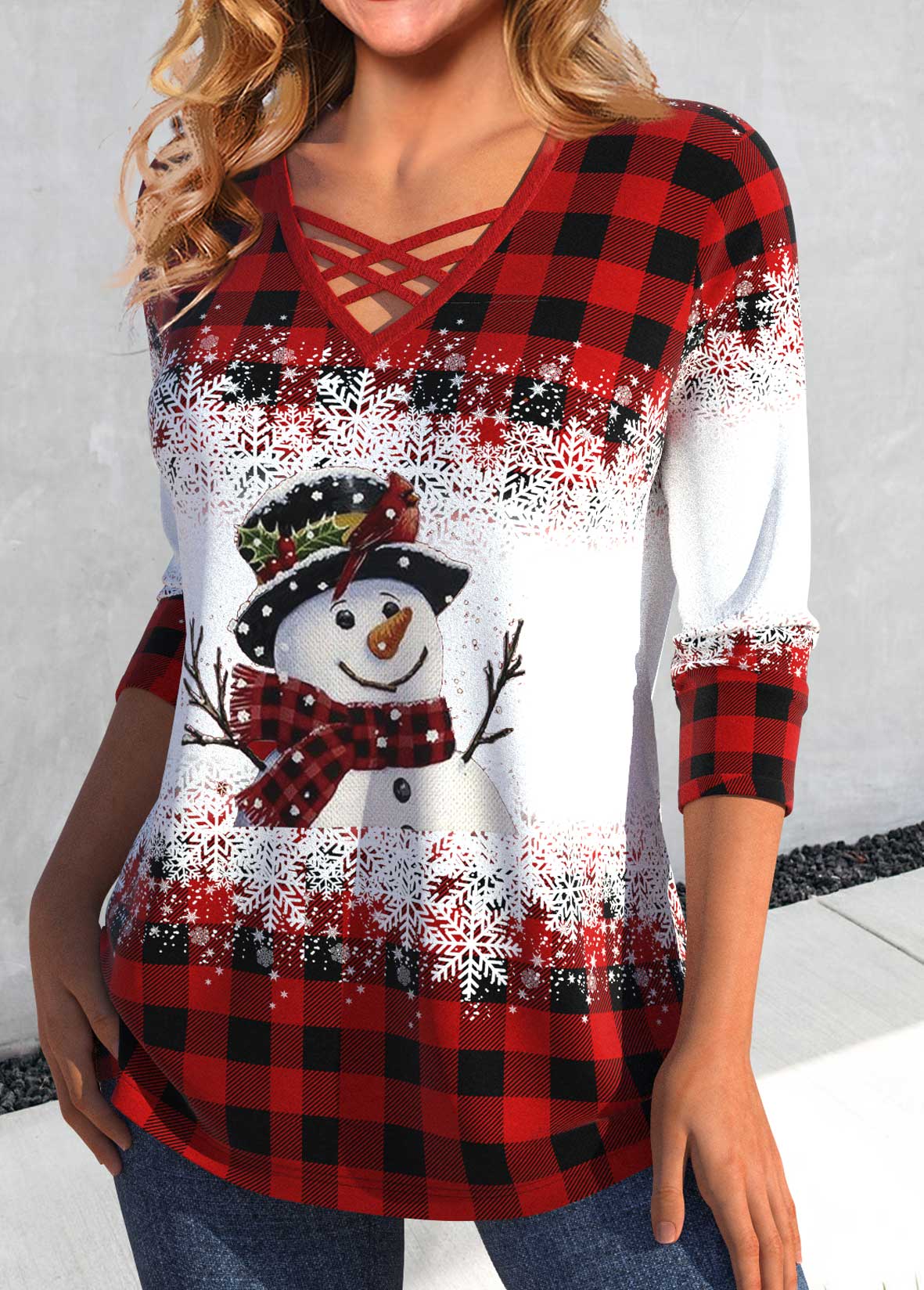 Red Criss Cross Snowman Print Long Sleeve T Shirt
