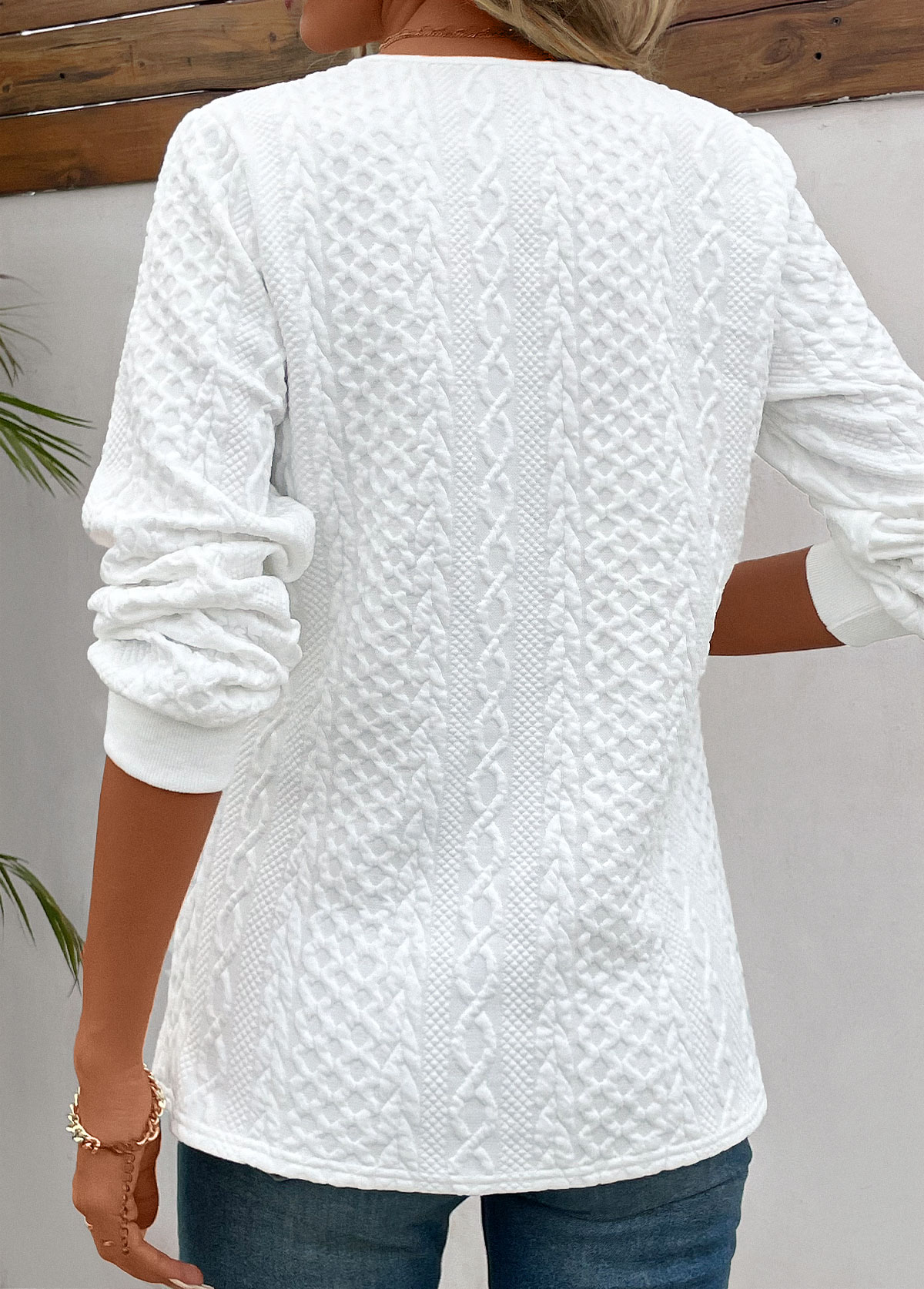 White Button Long Sleeve V Neck Sweatshirt