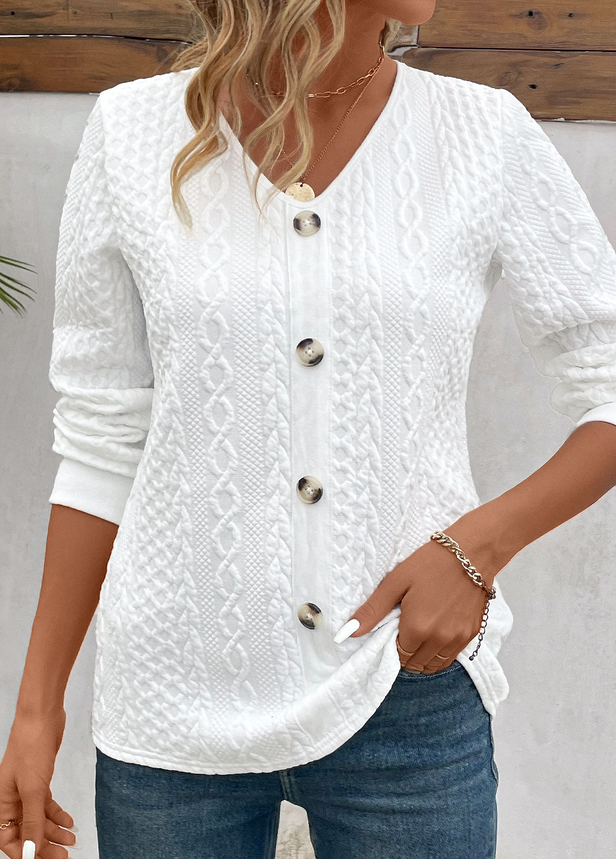 White Button Long Sleeve V Neck Sweatshirt