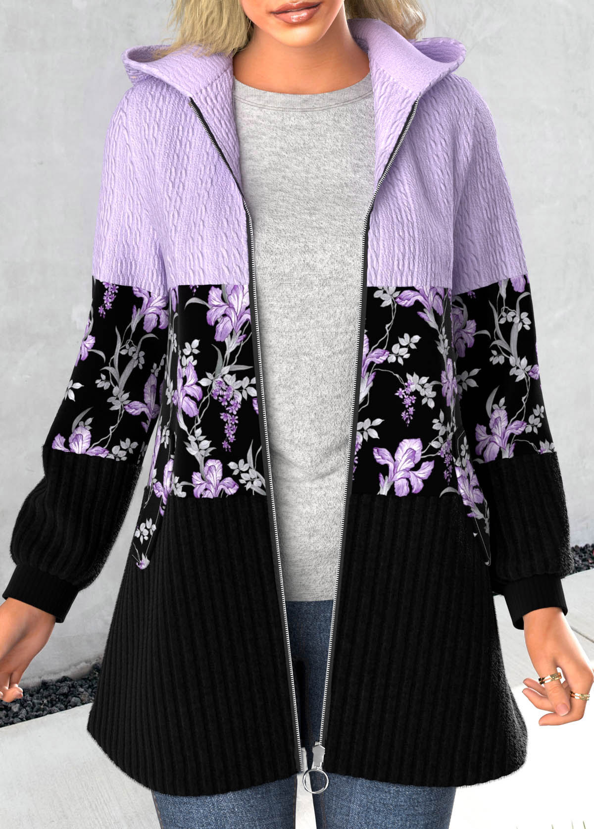 Light Purple Patchwork Floral Print Long Sleeve Hooded Coat