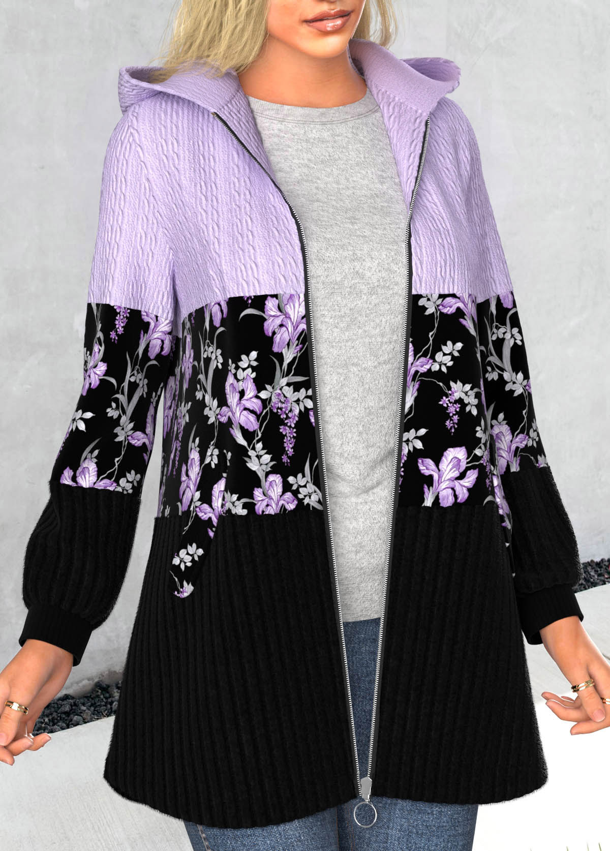 Light Purple Patchwork Floral Print Long Sleeve Hooded Coat