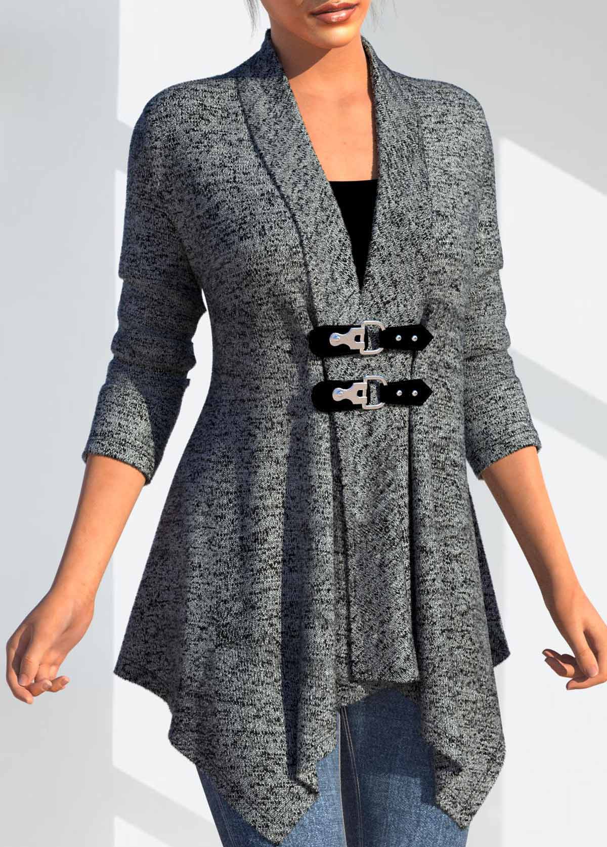 Dark Grey Button Long Sleeve Turn Down Collar Coat | picture 