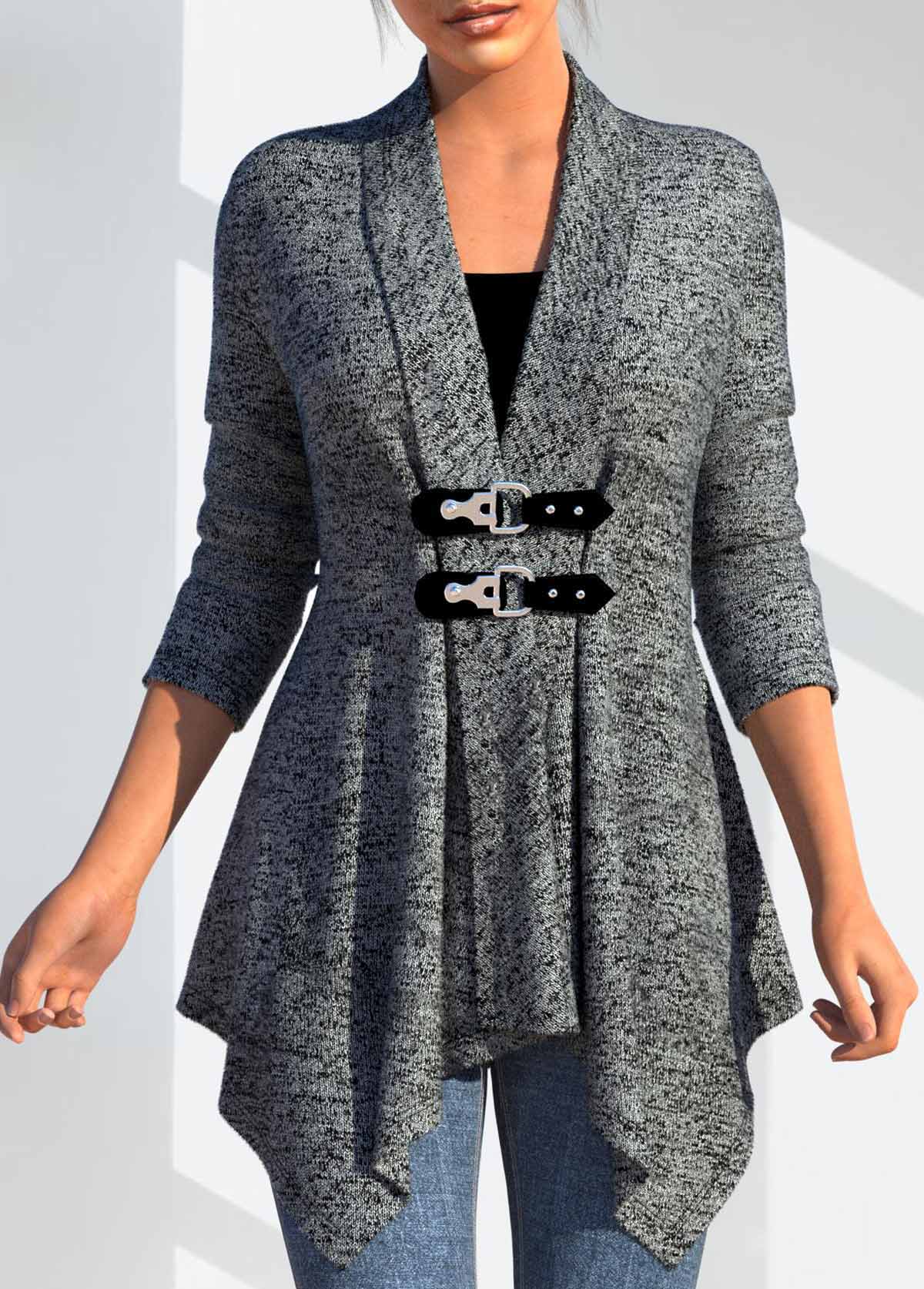 Dark Grey Button Long Sleeve Turn Down Collar Coat | picture 