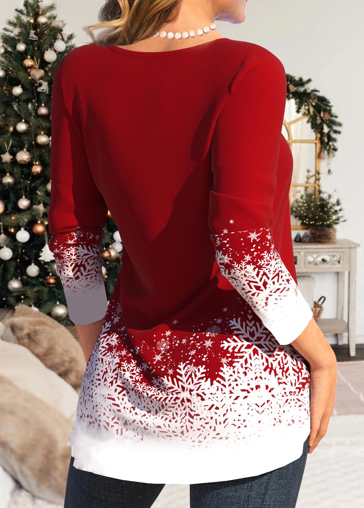 Red Button Snowflake Print Long Sleeve Heart Collar Blouse