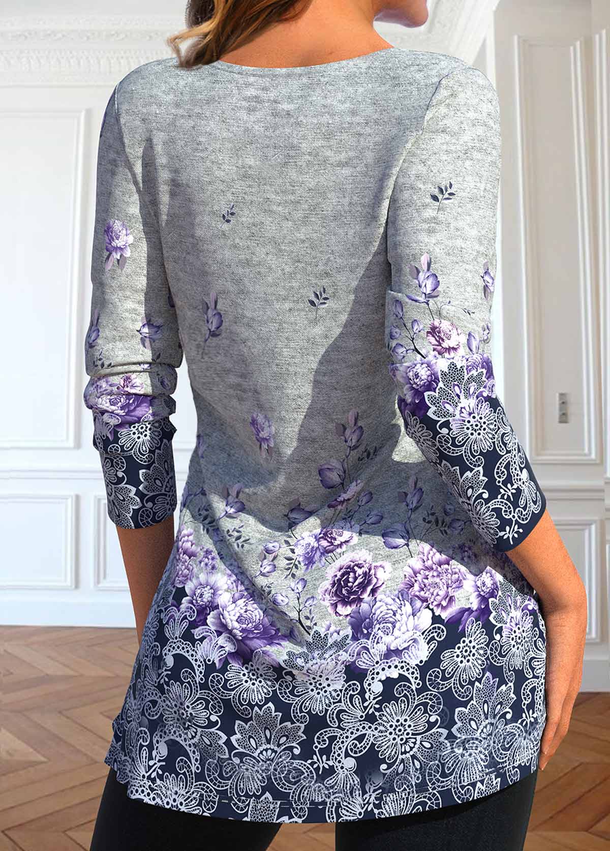 Grey Button Floral Print Long Sleeve T Shirt