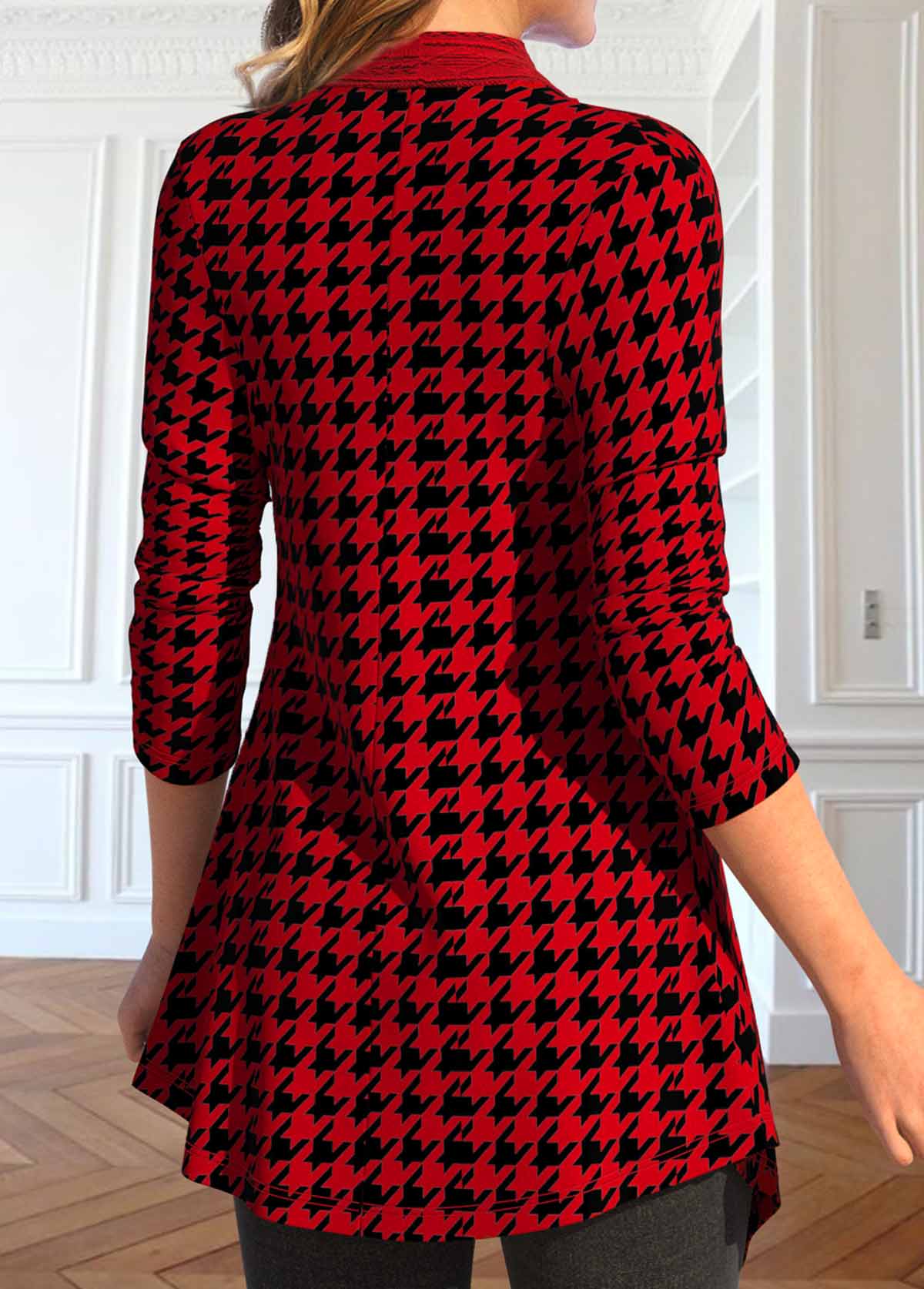 Wine Red Patchwork Plaid Long Sleeve Coat
