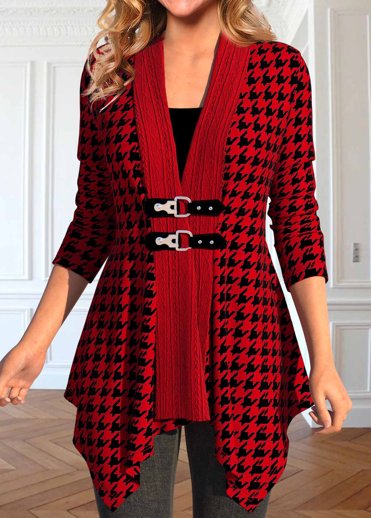Wine Red Patchwork Plaid Long Sleeve Coat