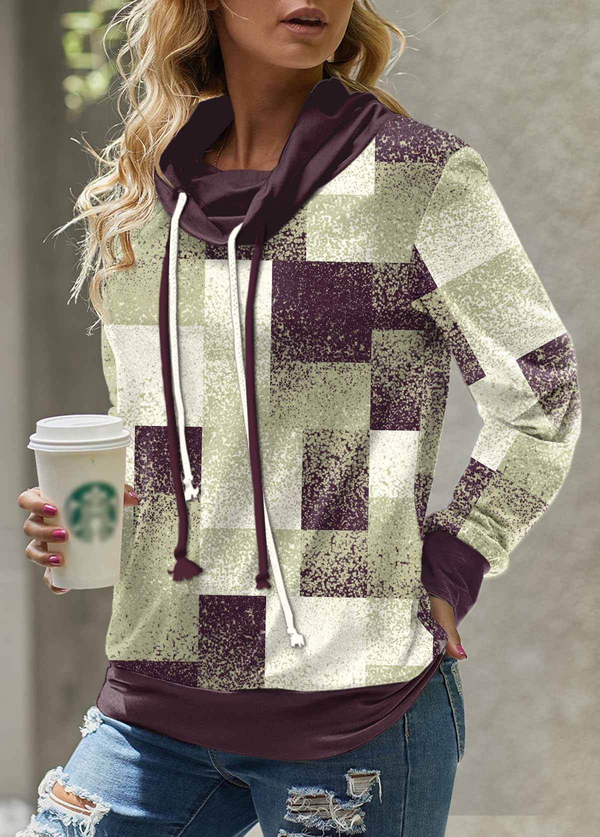 Sage Green Patchwork Geometric Print Long Sleeve Sweatshirt