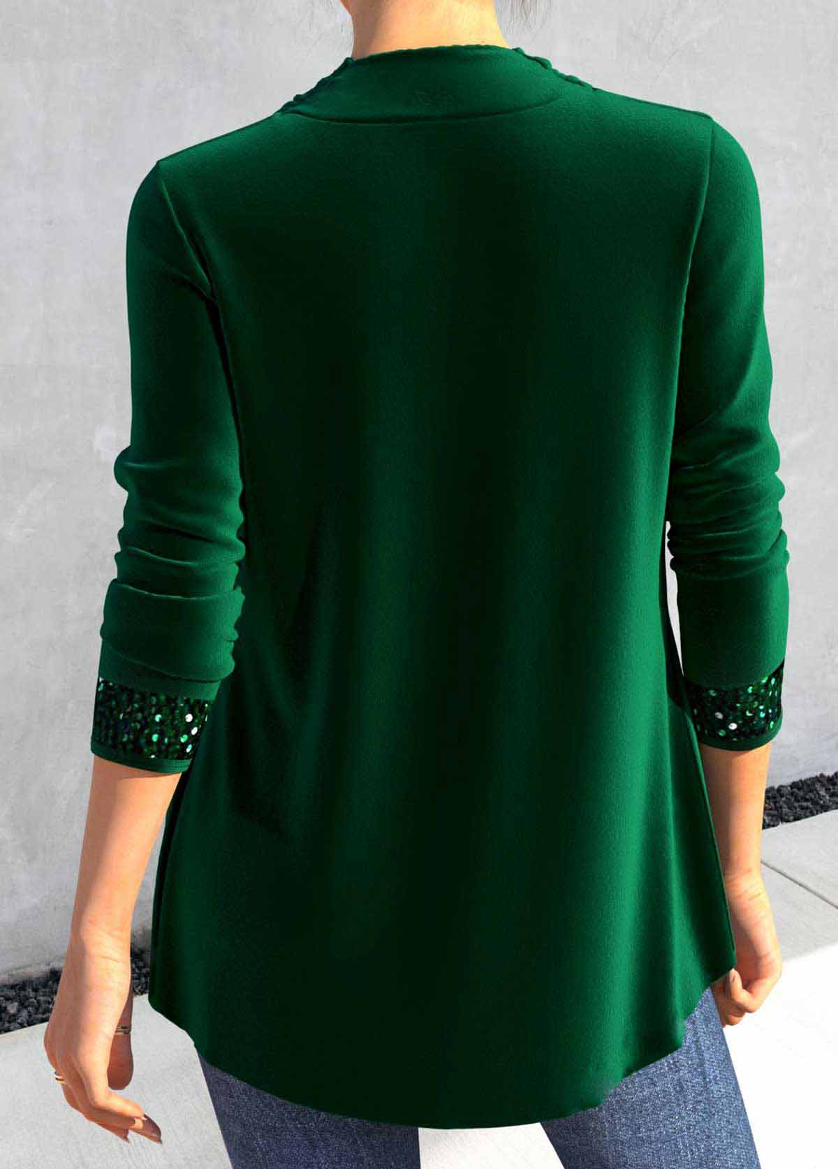 Plus Size Blackish Green Sequin Long Sleeve T Shirt