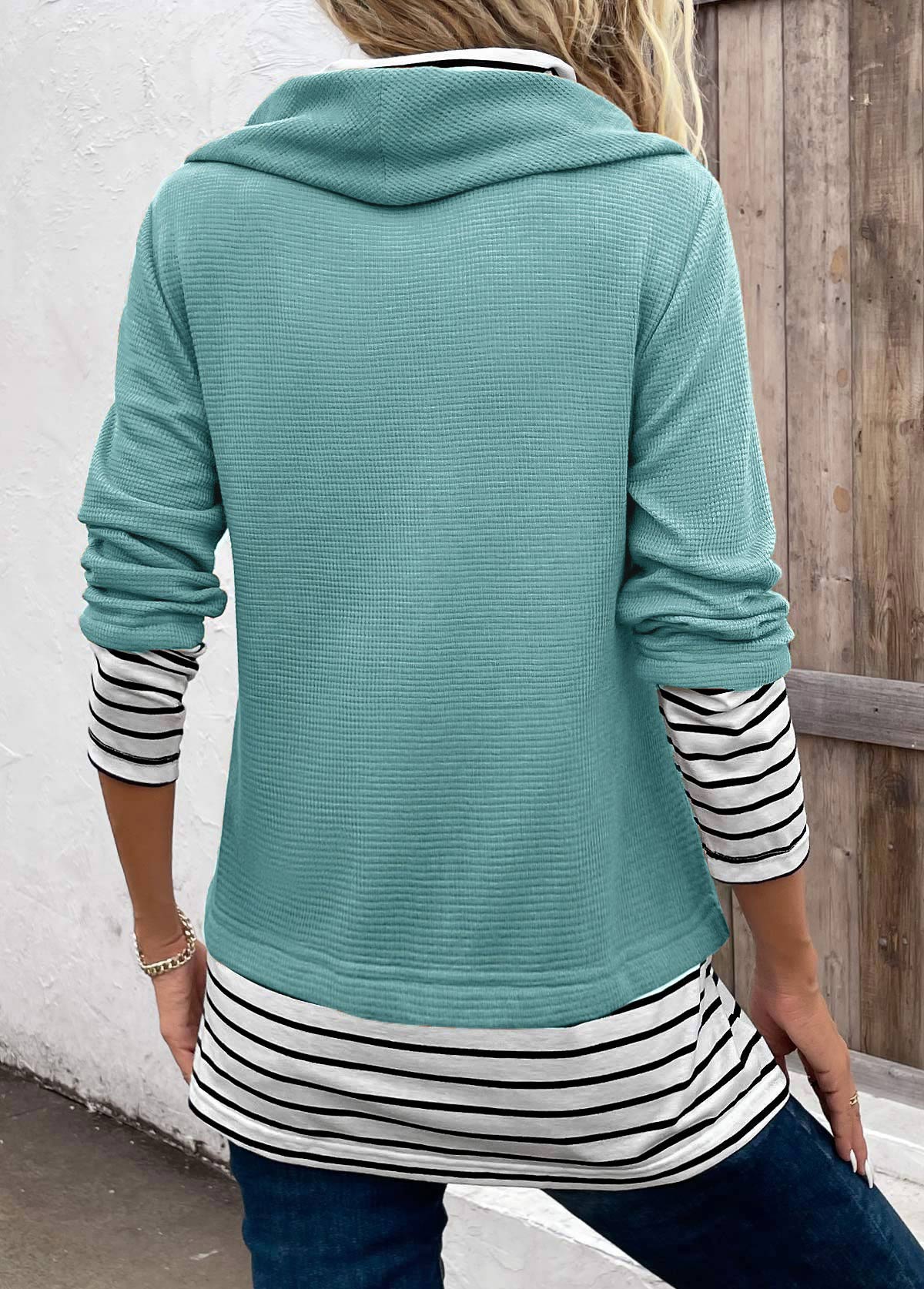 Mint Green Patchwork Striped Long Sleeve Cowl Neck Sweatshirt