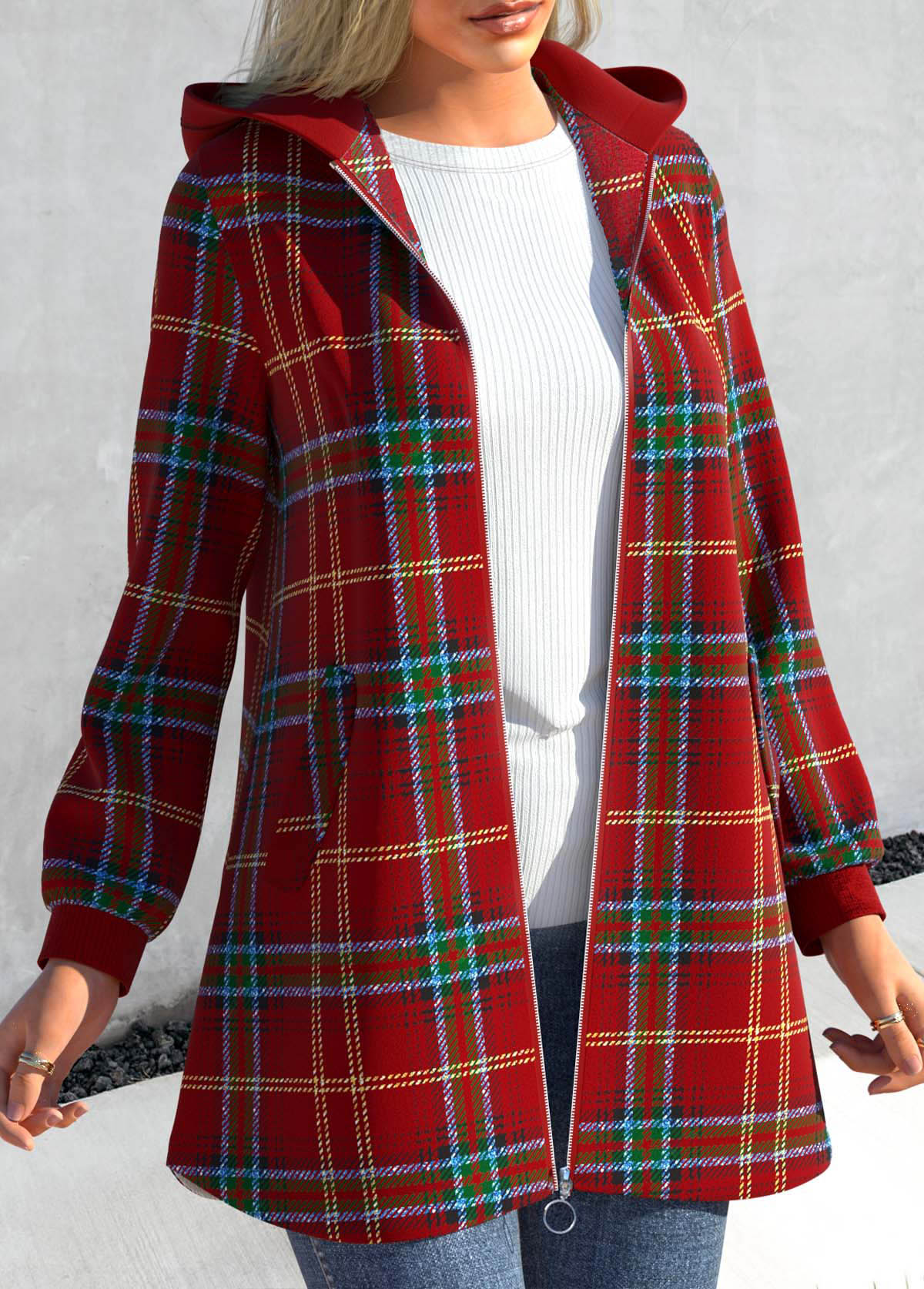 Wine Red Patchwork Plaid Long Sleeve Hooded Coat