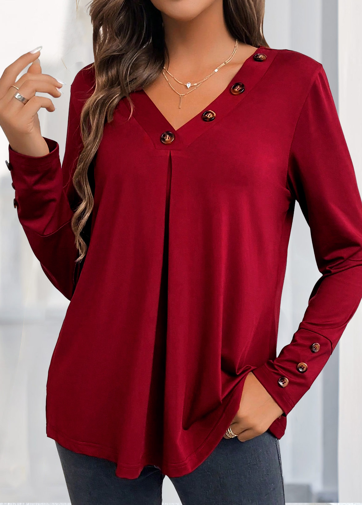 Wine Red Button Long Sleeve V Neck Blouse