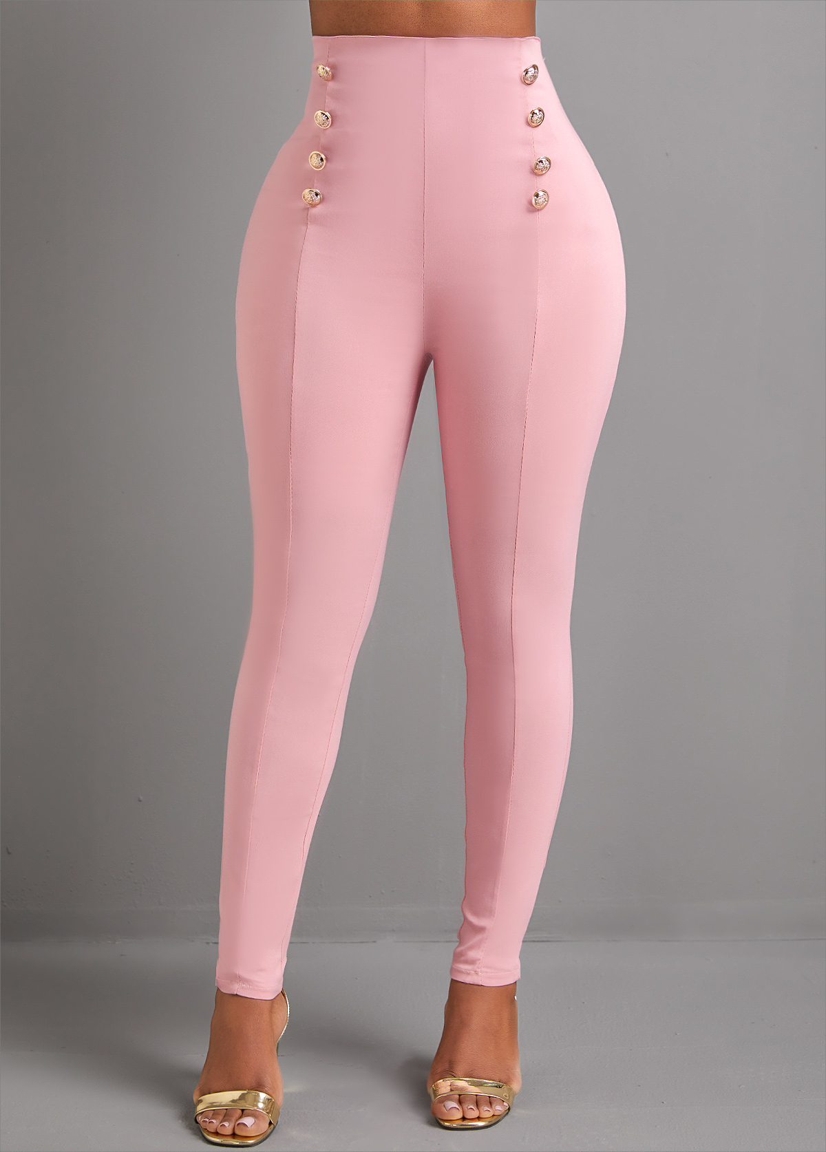 Pink Button Skinny Elastic Waist High Waisted Pants
