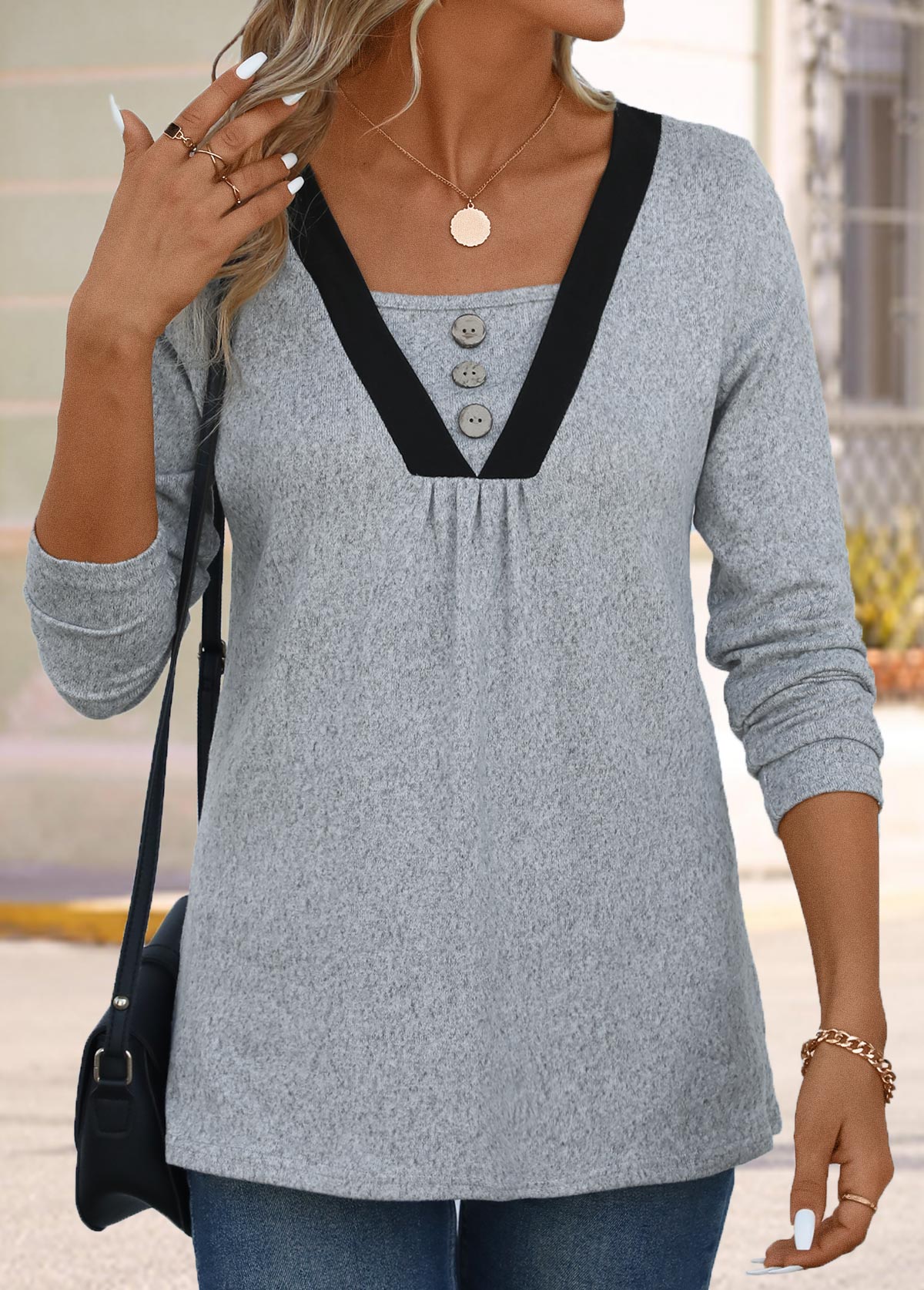 Grey Button Long Sleeve Square Neck T Shirt