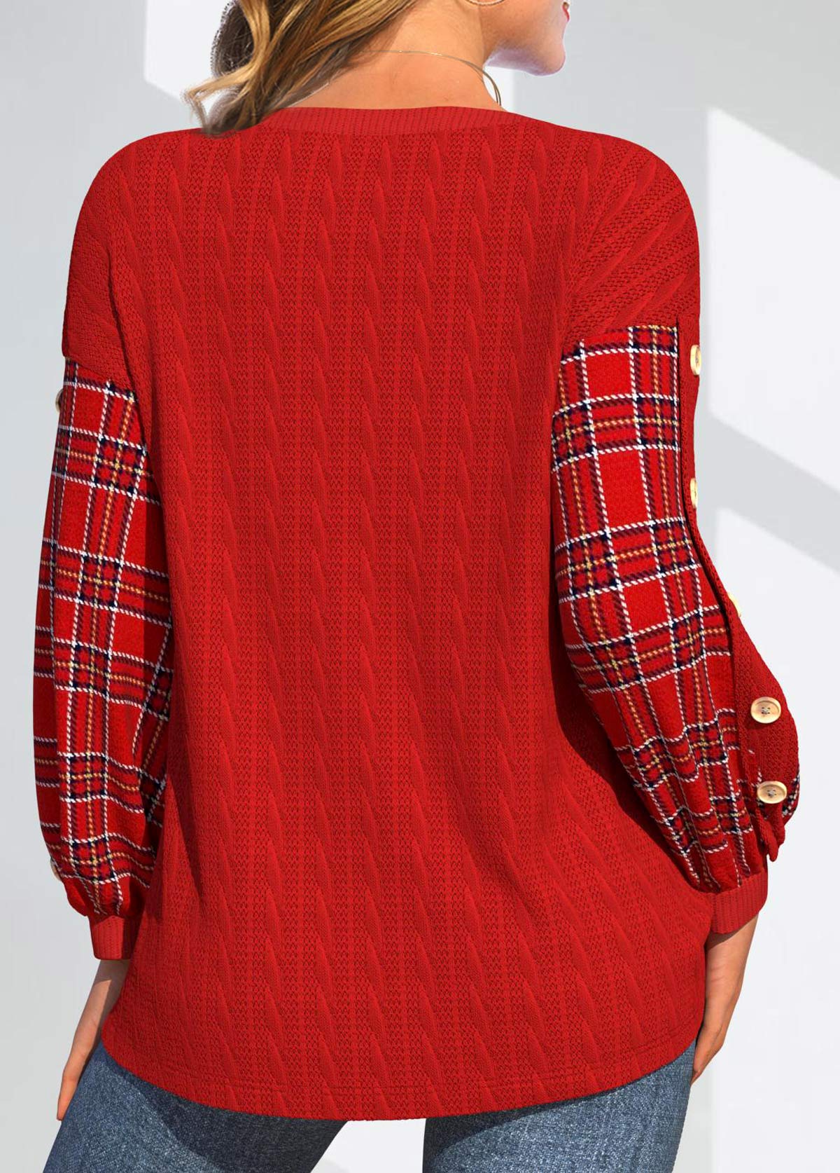 Plus Size Red Button Plaid Long Sleeve Sweatshirt | picture 