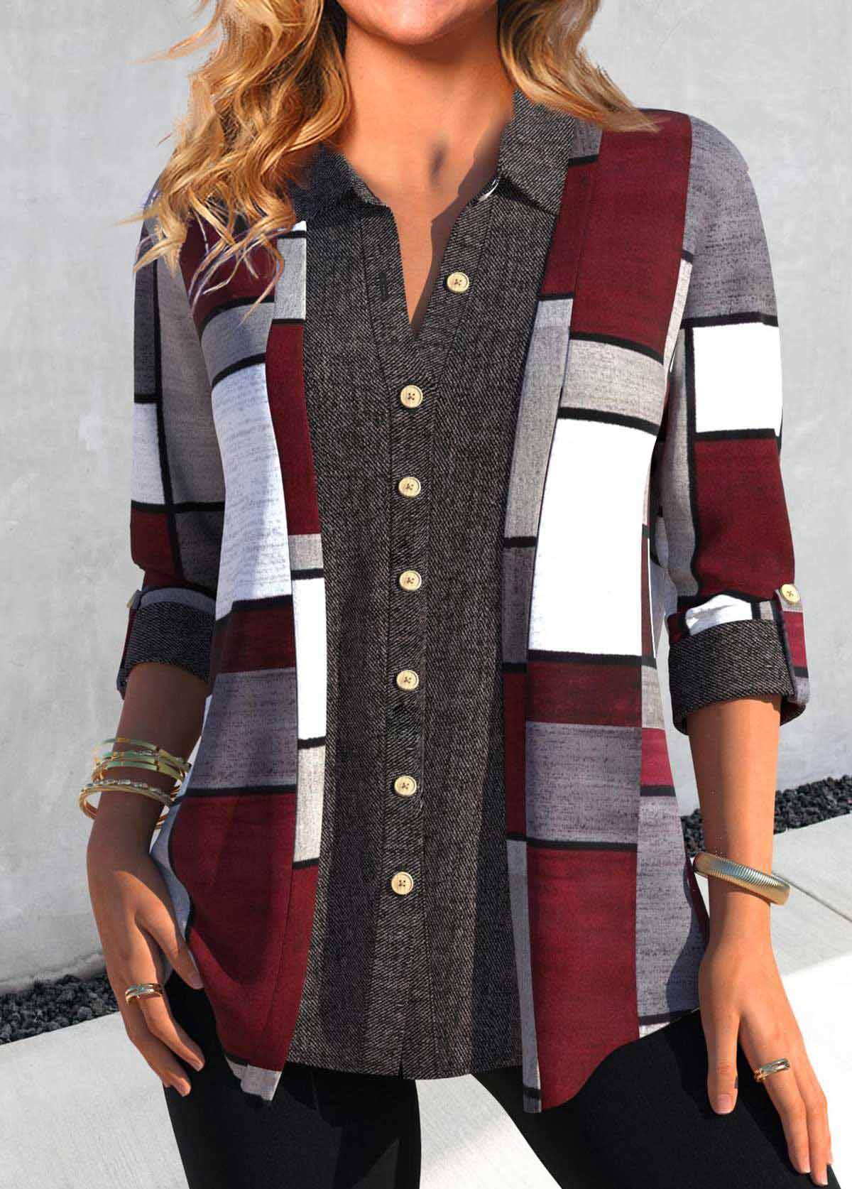 Plus Size Dark Grey Button Geometric Print Blouse | picture 