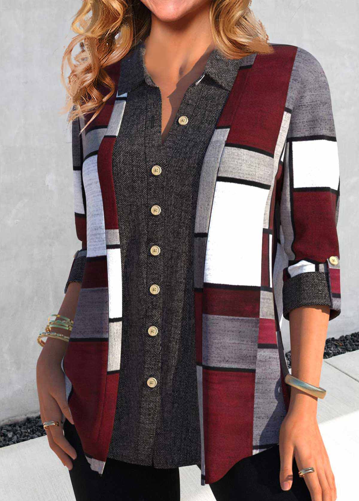 Plus Size Dark Grey Button Geometric Print Blouse | picture 