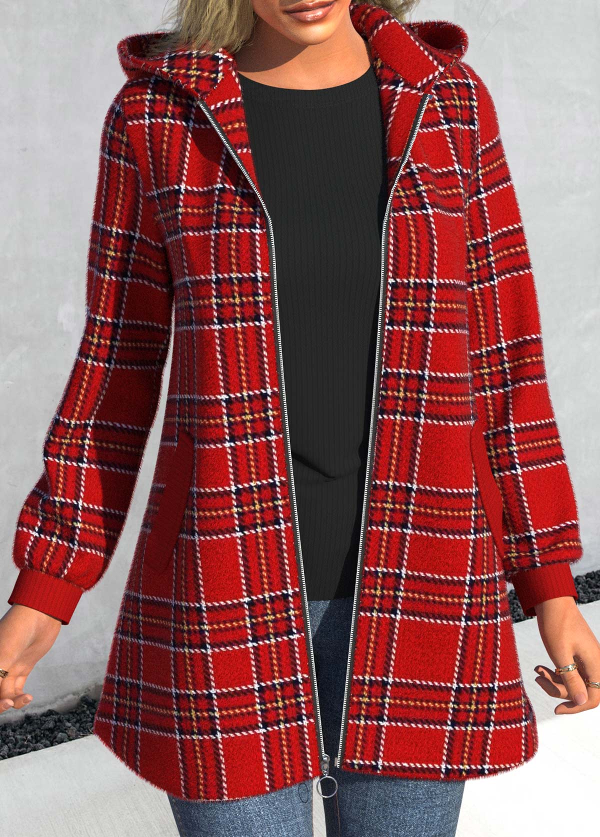 Red Pocket Plaid Long Sleeve Hooded Coat