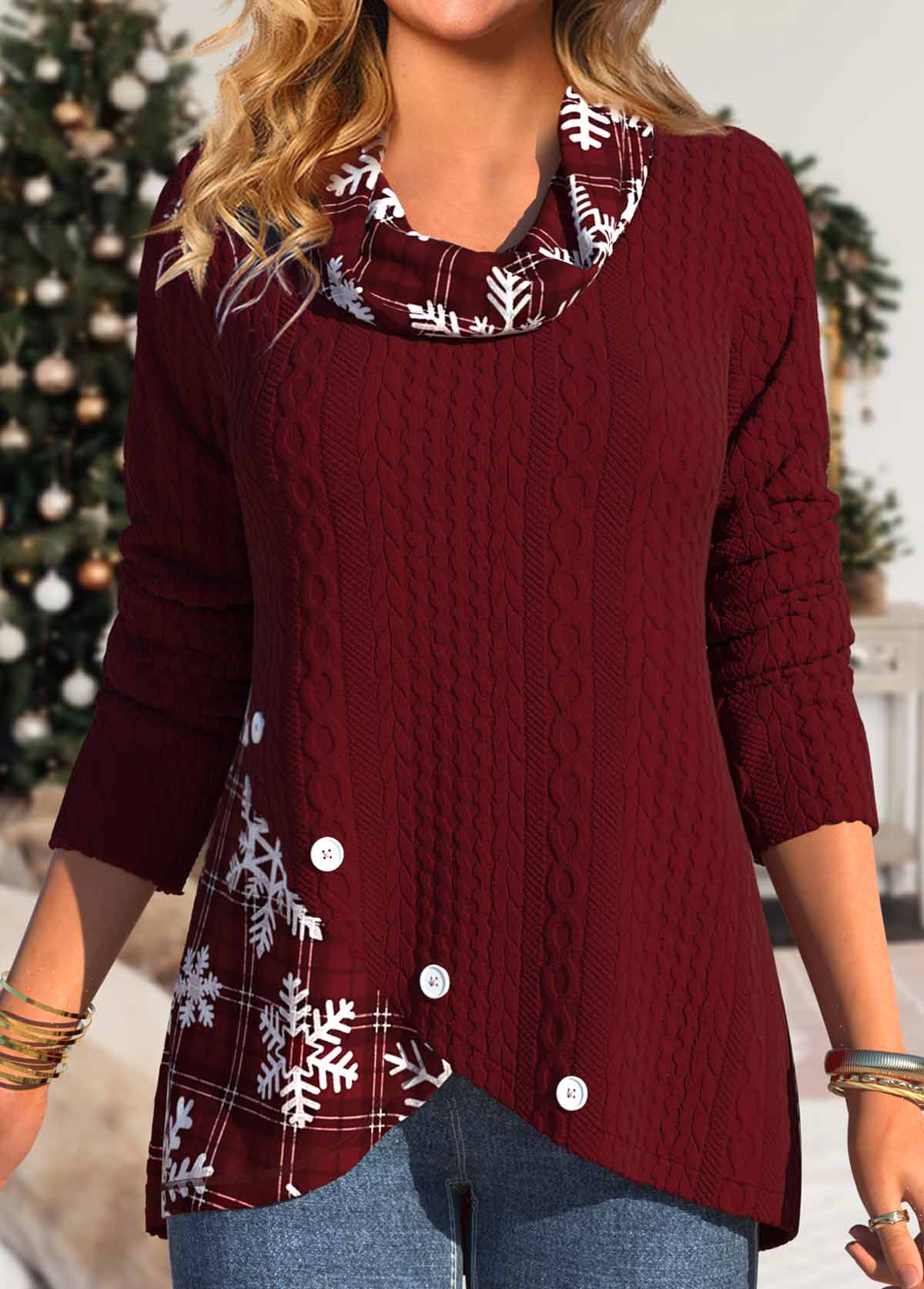 Christmas Deep Red Button Snowflake Print Long Sleeve Sweatshirt