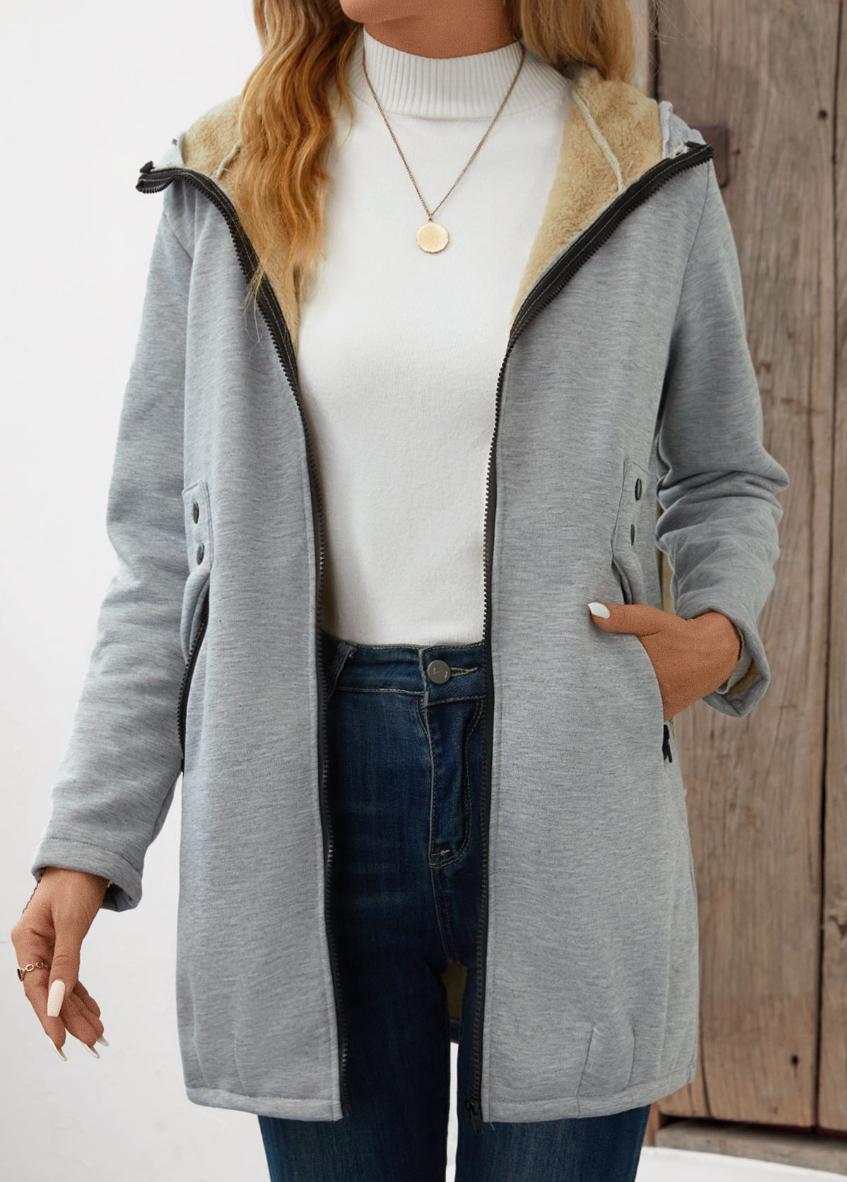 Grey Pocket Long Sleeve Hooded Coat