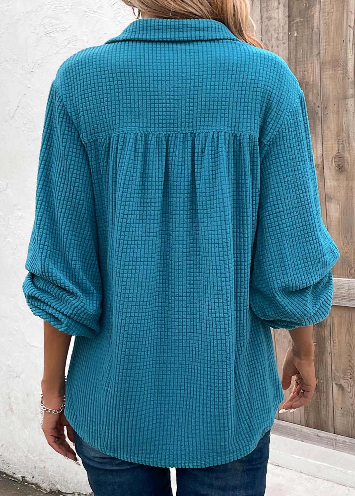 Plus Size Peacock Blue Ruched Long Sleeve Blouse