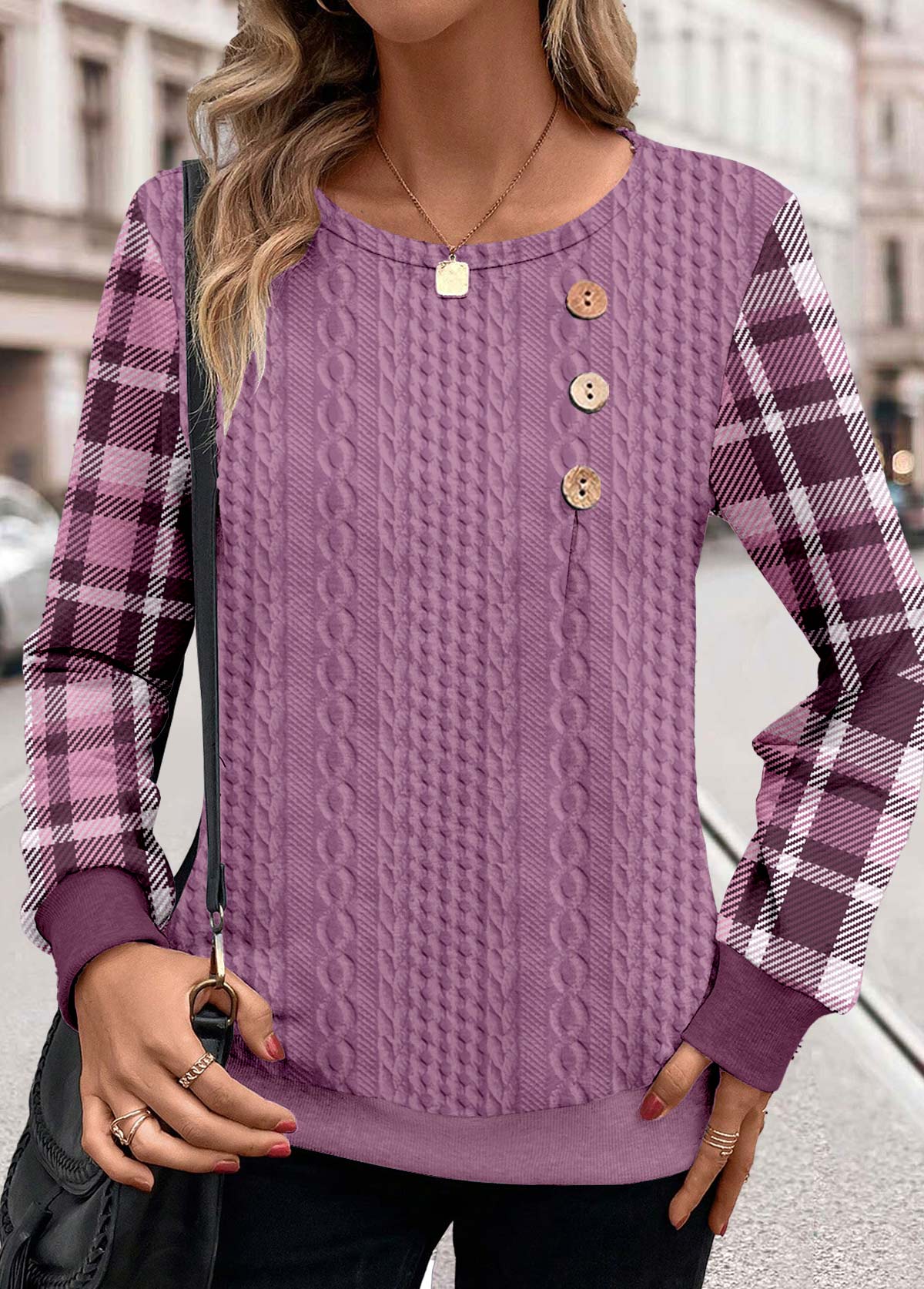 Purple Patchwork Plaid Long Sleeve Round Neck Sweatshirt