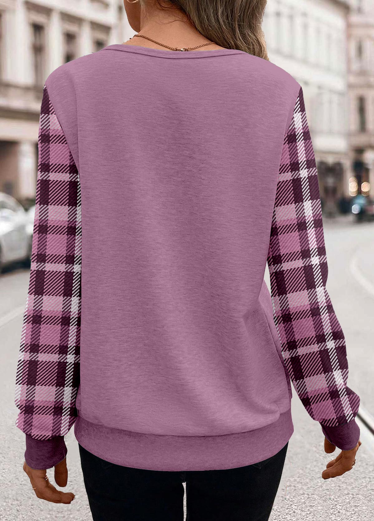 Purple Patchwork Plaid Long Sleeve Round Neck Sweatshirt