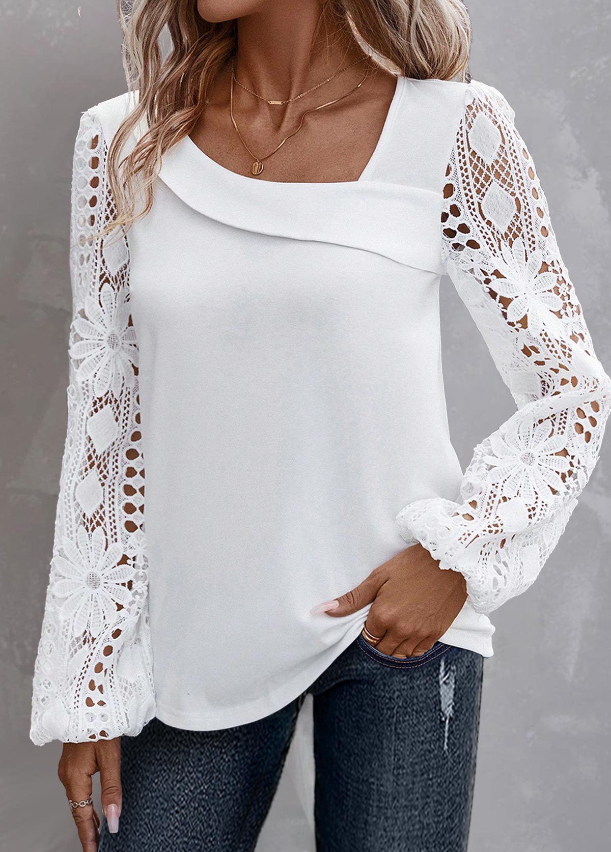 Plus Size White Lace Long Sleeve Asymmetrical Neck Blouse | modlily.com ...