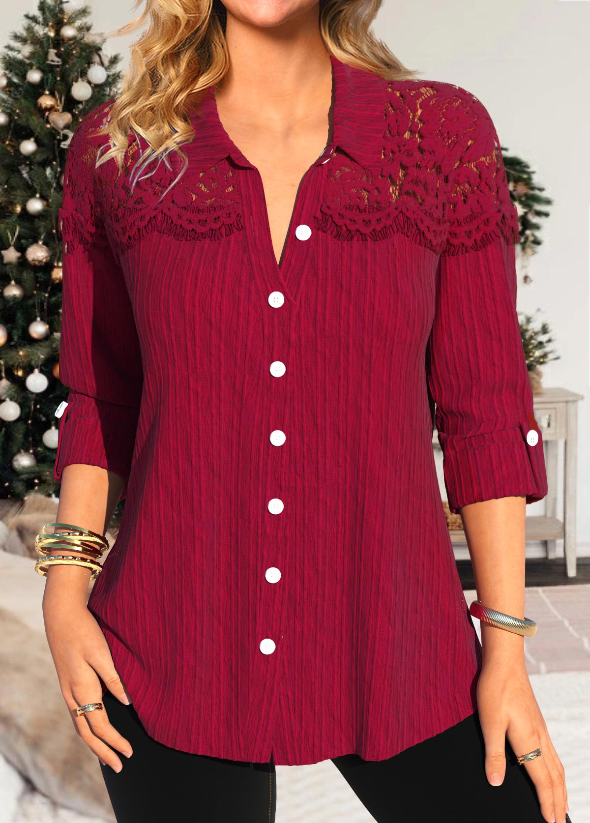Wine Red Patchwork Long Sleeve Turn Down Collar Blouse