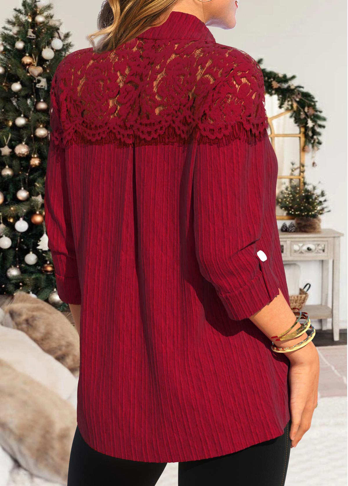 Wine Red Patchwork Long Sleeve Turn Down Collar Blouse
