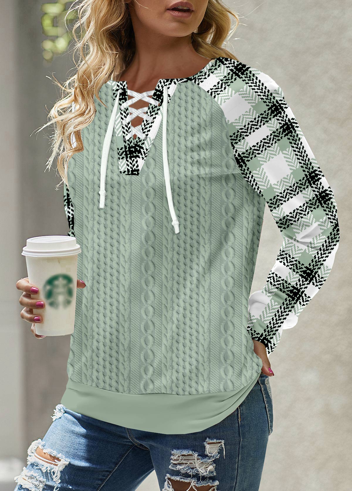 Sage Green Lace Up Plaid Long Sleeve Sweatshirt