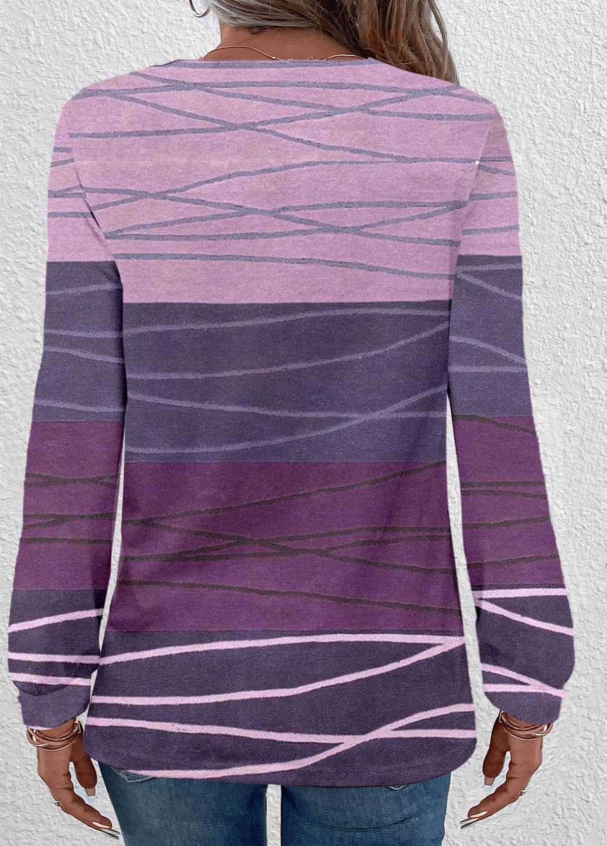 Dark Reddish Purple Patchwork Long Sleeve Round Neck Sweatshirt