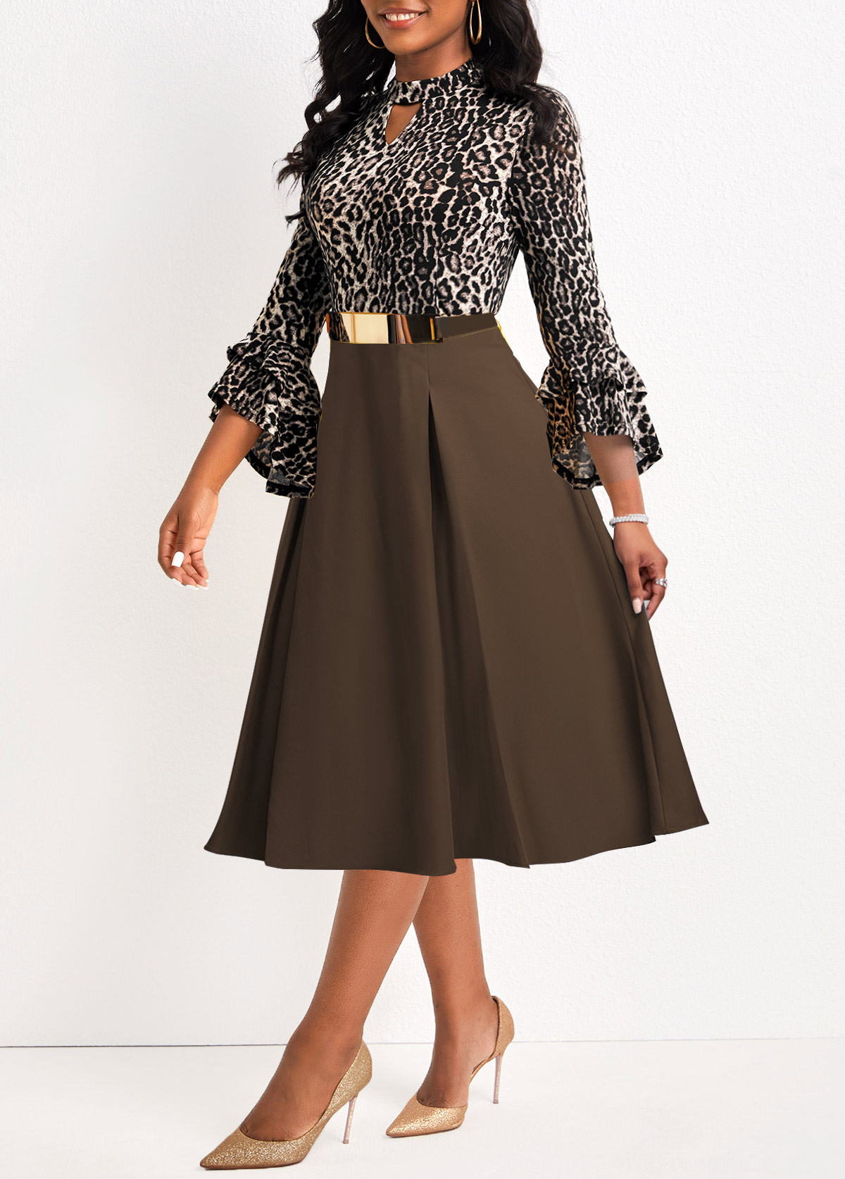 Dark Coffee Patchwork Leopard Belted Stand Collar Dress